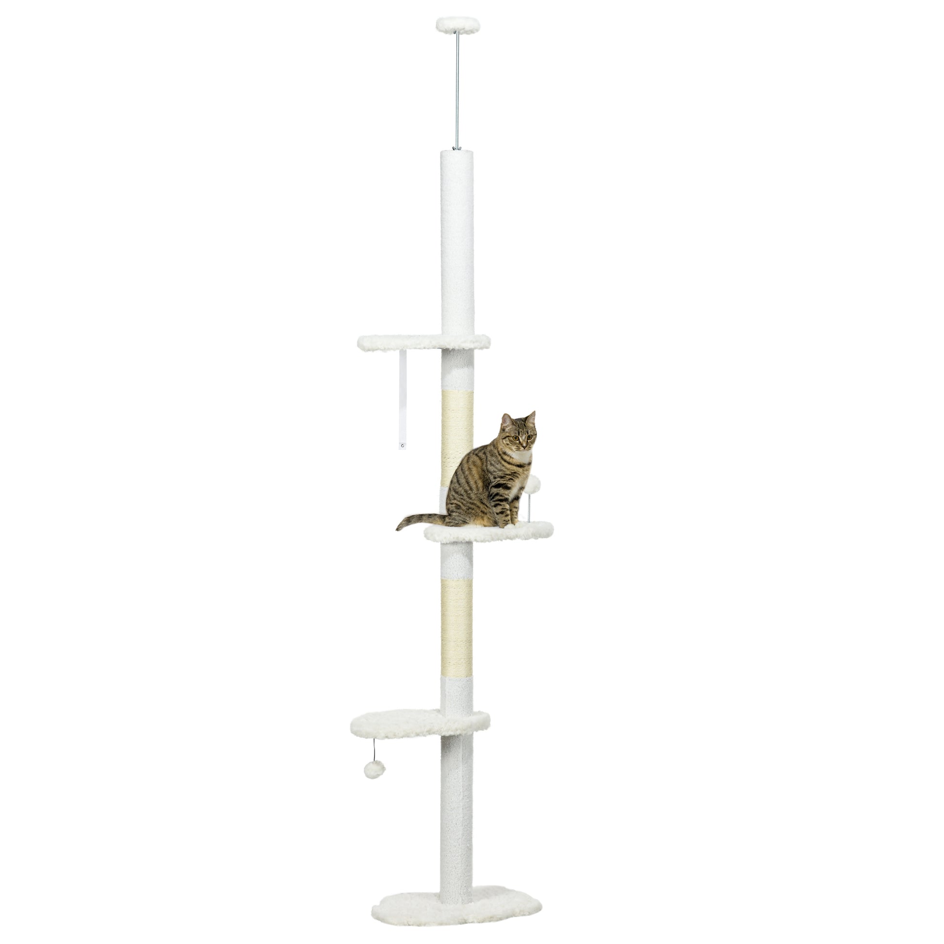 Pawhut Floor To Ceiling Cat Tree With Scratching Posts, 88.5" 100.5" Adjustable Height, Cat Climbing Tower With Cloud Shape Platforms, Toy Balls, Anti Toppling Device, White White Particle Board