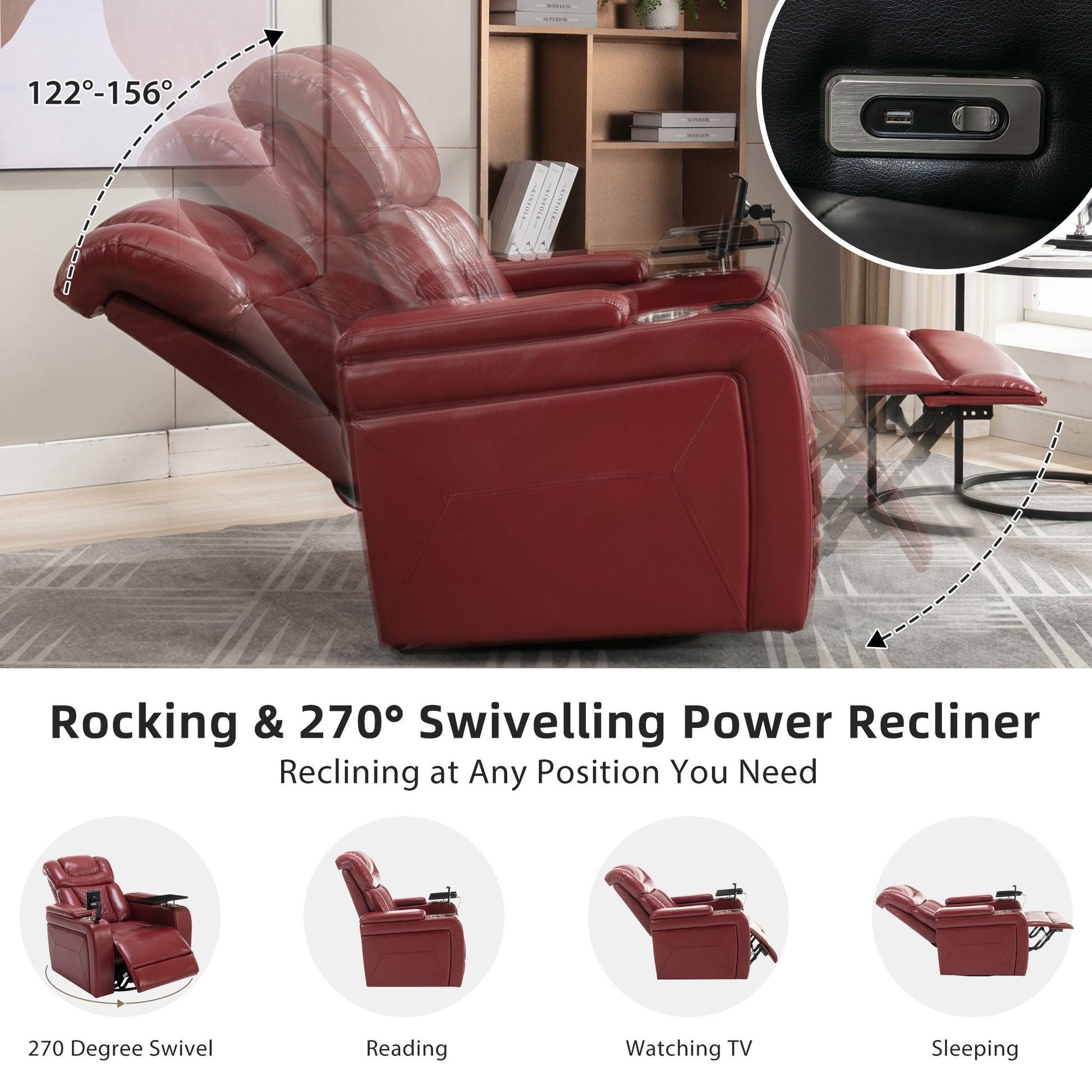 270 Degree Swivel Pu Leather Power Recliner Individual Seat Home Theater Recliner With Comforable Backrest, Tray Table, Phone Holder, Cup Holder, Usb Port, Hidden Arm Storage For Living Room, Red Red Foam Pu Leather