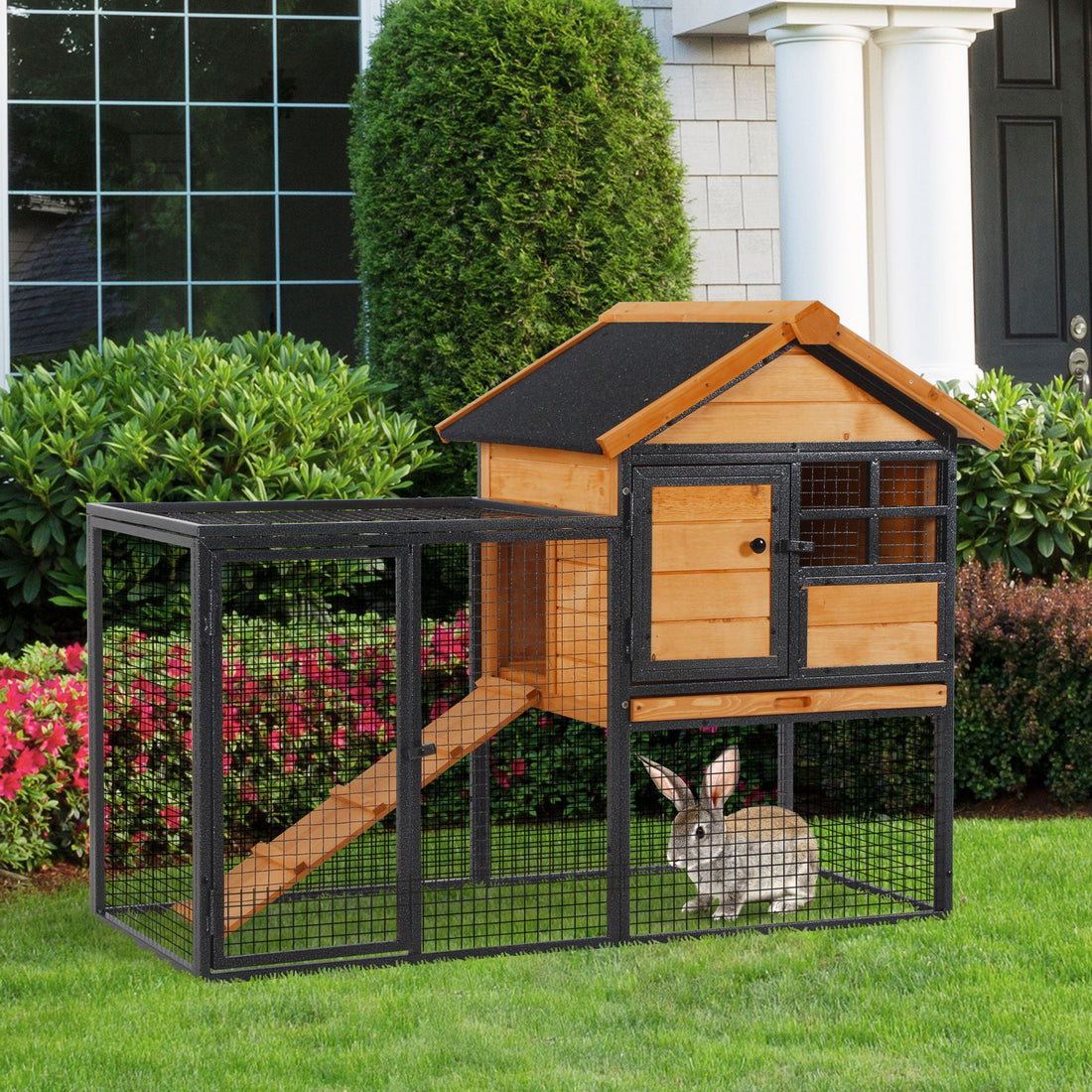 Pawhut 2 Level Rabbit Hutch Bunny House With Weatherproof Asphalt Roof, Removable Tray And Ramp For Outdoor Yellow Wood