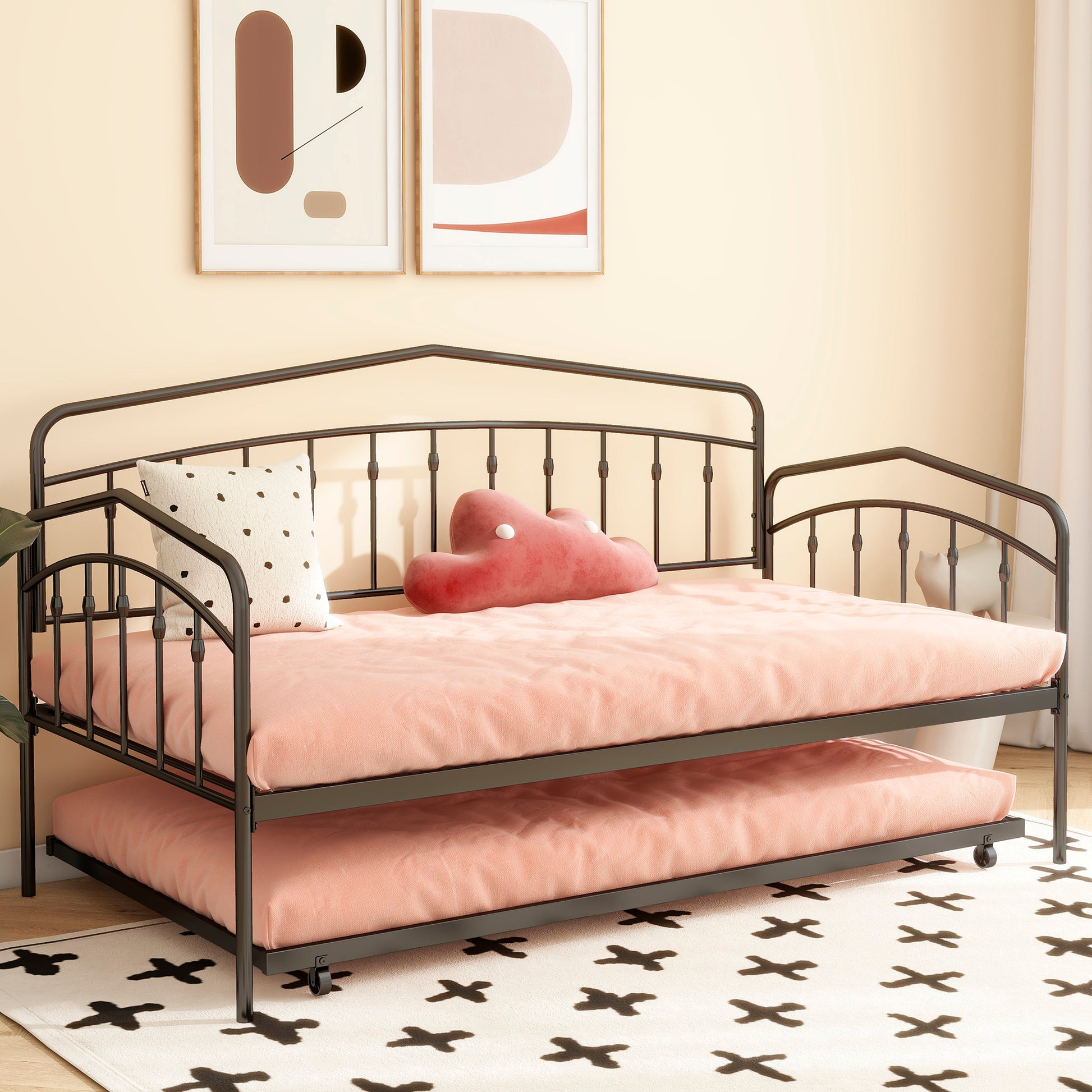 Fox Twin Daybed With Twin Trundle, Black Box Spring Not Required Twin Black Metal Bedroom Daybeds Metal