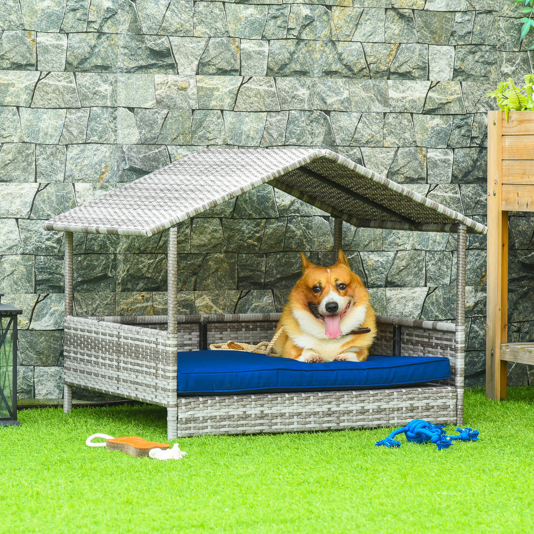 Pawhut Wicker Dog House Outdoor With Canopy, Rattan Dog Bed With Water Resistant Cushion, For Small And Medium Dogs, Dark Blue Blue Rattan