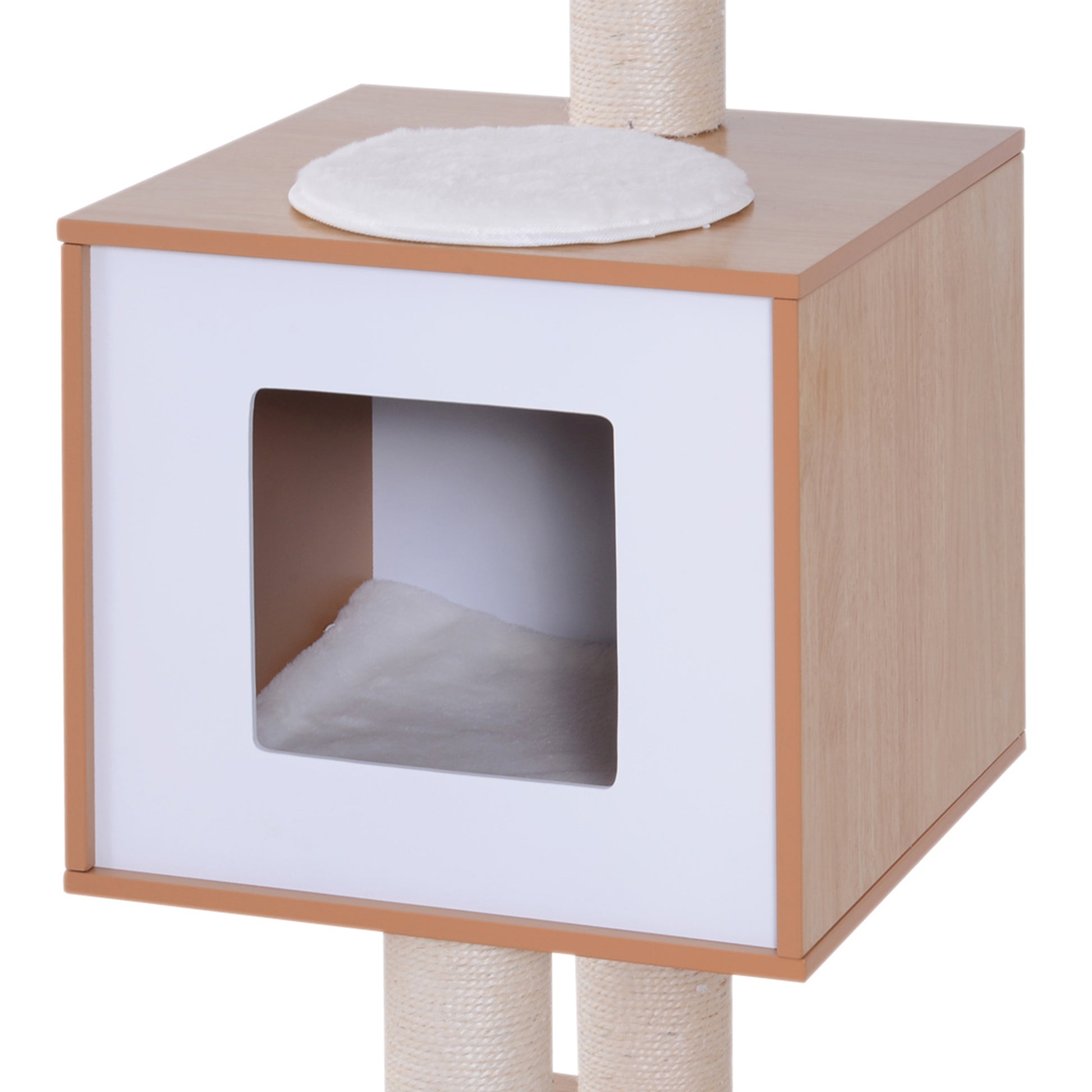 Pawhut 47 Modern Cat Tree Multi Level Scratching Post With Cube Cave Enclosure Oak Wood And White Natural Particle Board