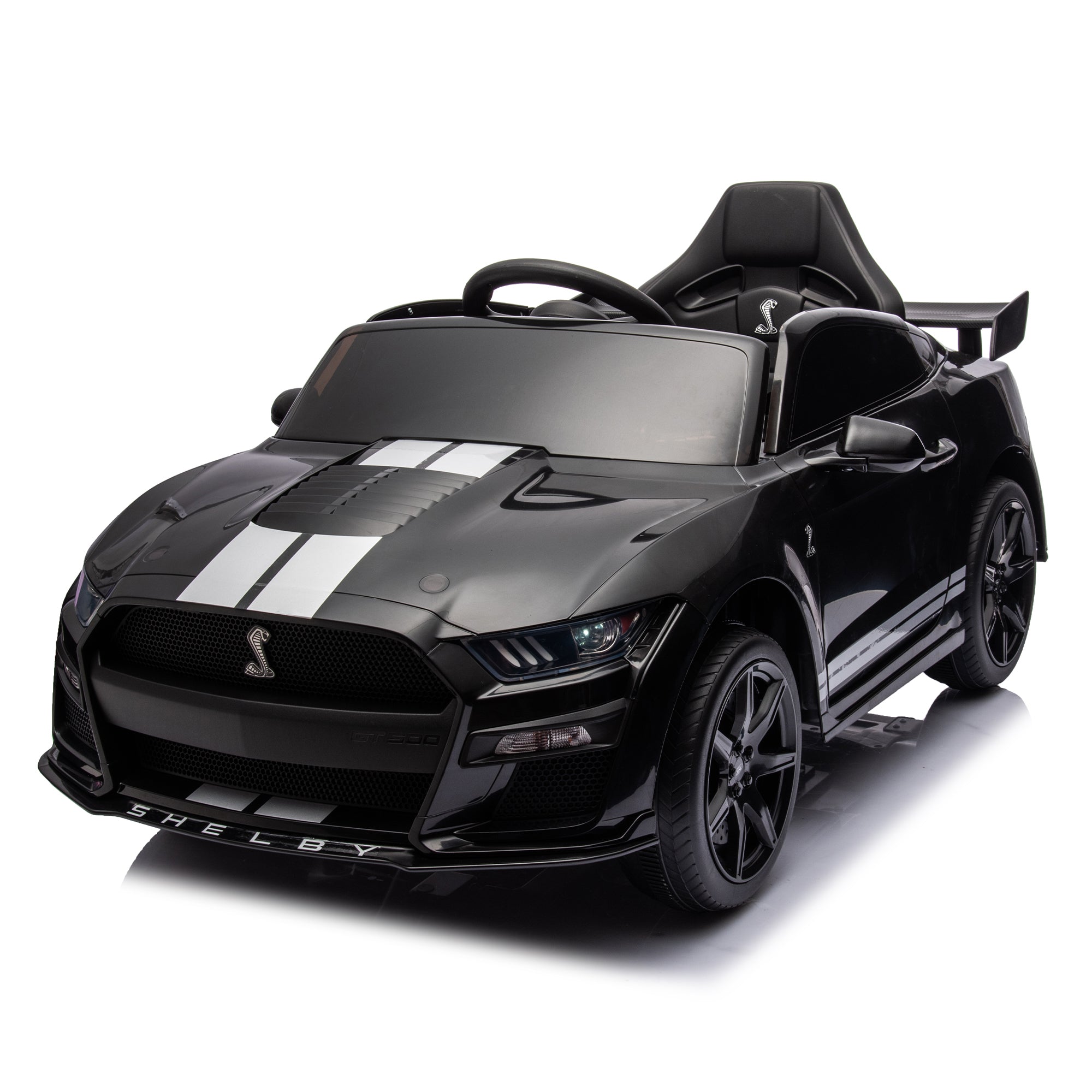 12V Ford Mustang Shelby Gt500 Ride On Car With Remote Control 3 Speeds, Electric Vehicle Toy For Kid,Led Lights, Radio, Aux Usb Mp3 Music,Safe Belt,Age3 Black Plastic