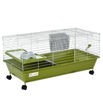 Pawhut 35"L Small Animal Cage, Rolling Bunny Cage, Guinea Pig Cage With Food Dish, Water Bottle, Hay Feeder, Platform, Ramp For Ferret Chinchilla, Green Green Steel