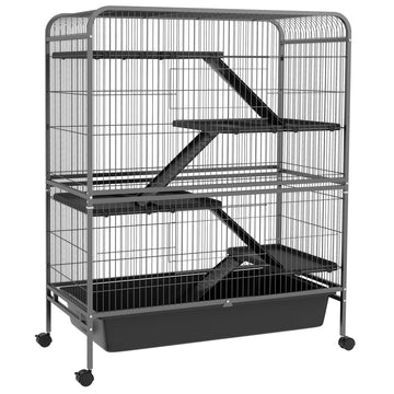 Pawhut 53.5" Small Animal Cage, 5 Level Metal Ferret Or Bunny Cage With Wheels, Chinchilla Cage With Removable Tray, 2 Front Doors, Ramps, Gray Gray Steel