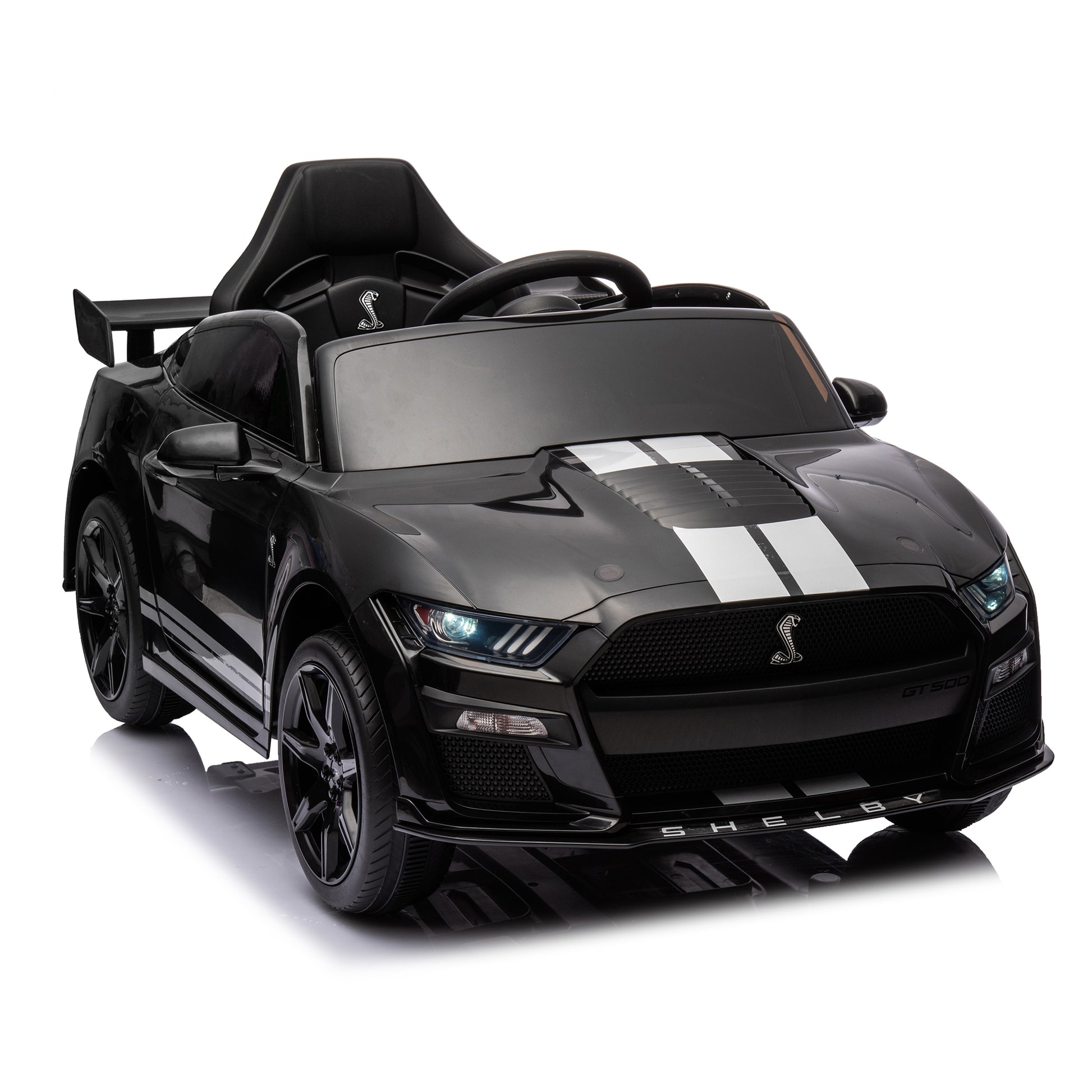 12V Ford Mustang Shelby Gt500 Ride On Car With Remote Control 3 Speeds, Electric Vehicle Toy For Kid,Led Lights, Radio, Aux Usb Mp3 Music,Safe Belt,Age3 Black Plastic