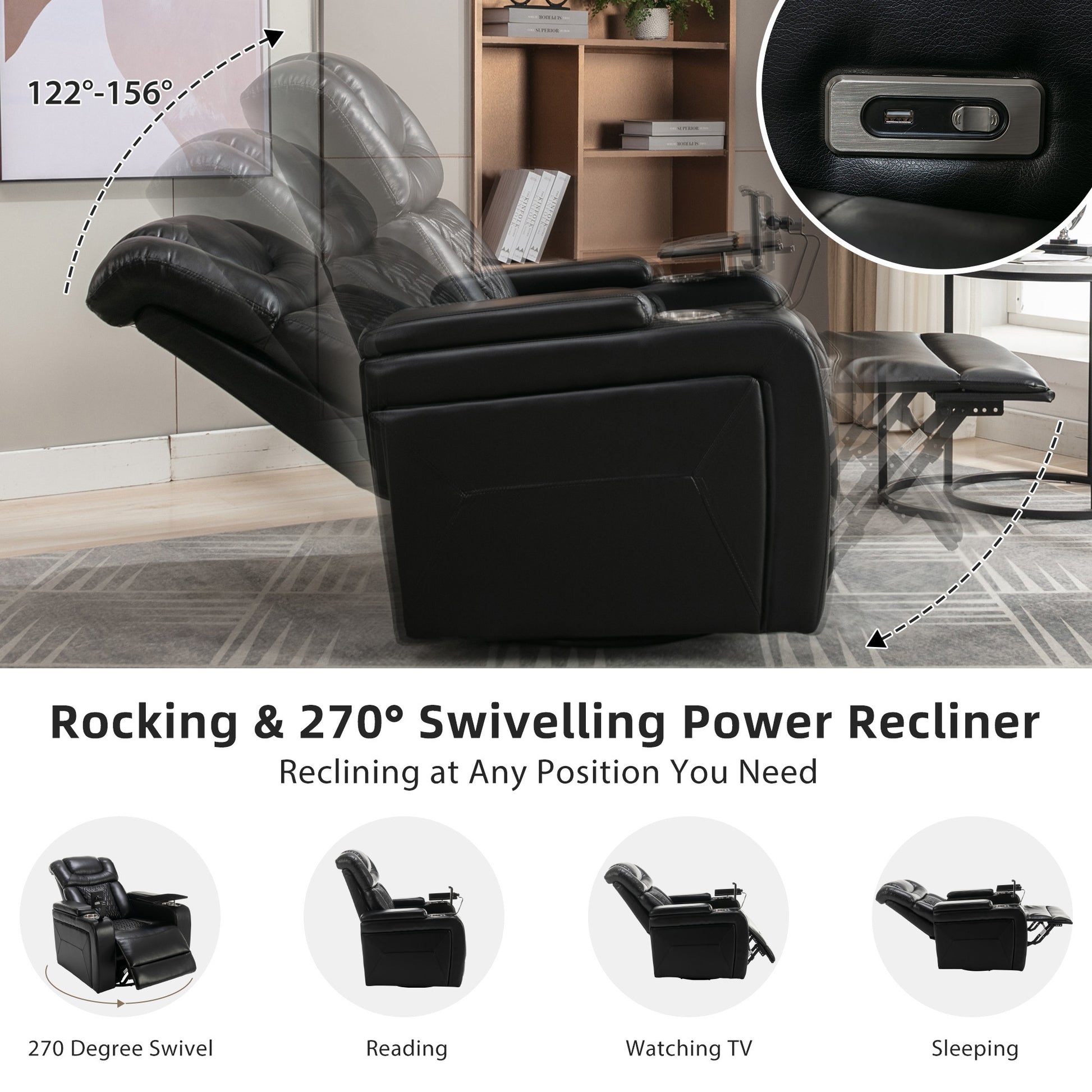 270 Degree Swivel Pu Leather Power Recliner Individual Seat Home Theater Recliner With Comforable Backrest, Tray Table, Phone Holder, Cup Holder, Usb Port, Hidden Arm Storage For Living Room, Black Black Foam Pu Leather