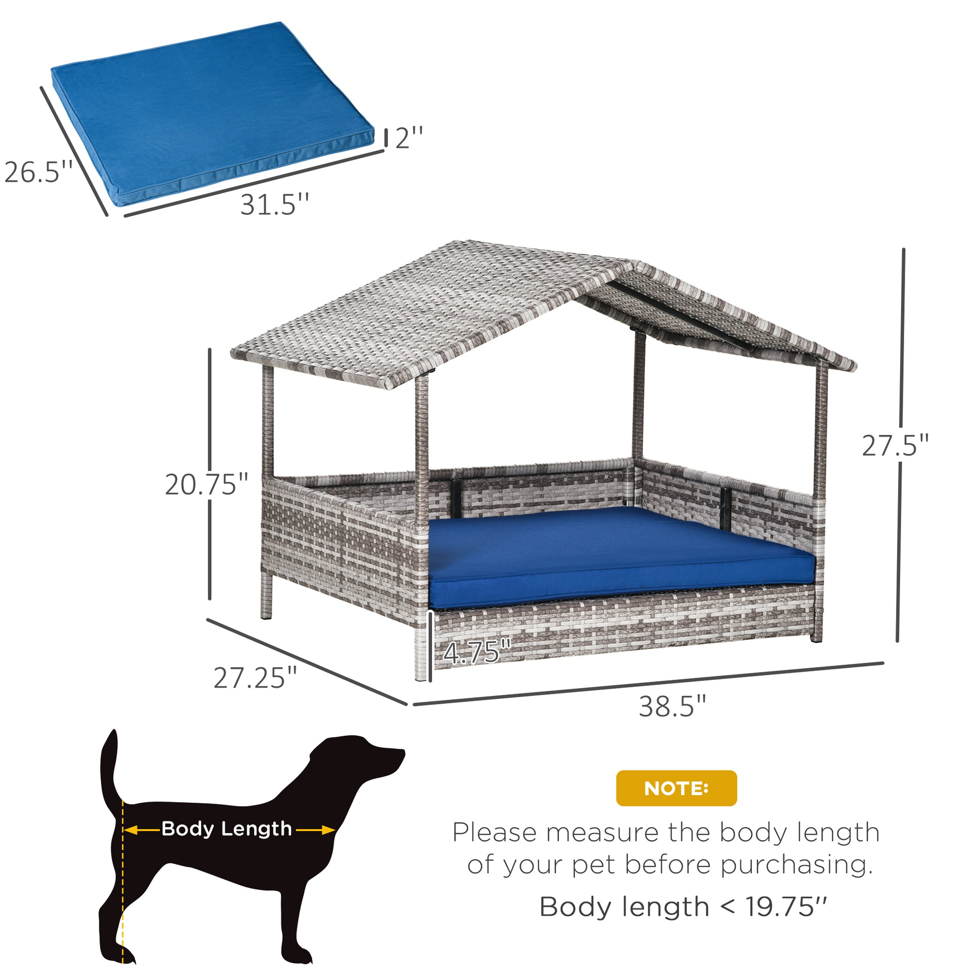 Pawhut Wicker Dog House Outdoor With Canopy, Rattan Dog Bed With Water Resistant Cushion, For Small And Medium Dogs, Dark Blue Blue Rattan