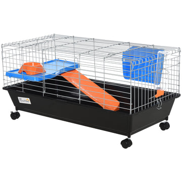 Pawhut 35"L Small Animal Cage, Rolling Bunny Cage, Guinea Pig Cage With Food Dish, Water Bottle, Hay Feeder, Platform, Ramp For Ferret Chinchilla, Black Black Steel