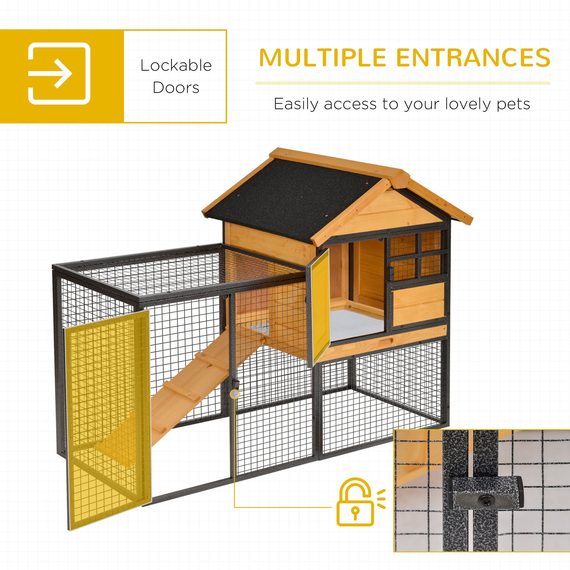 Pawhut 2 Level Rabbit Hutch Bunny House With Weatherproof Asphalt Roof, Removable Tray And Ramp For Outdoor Yellow Wood