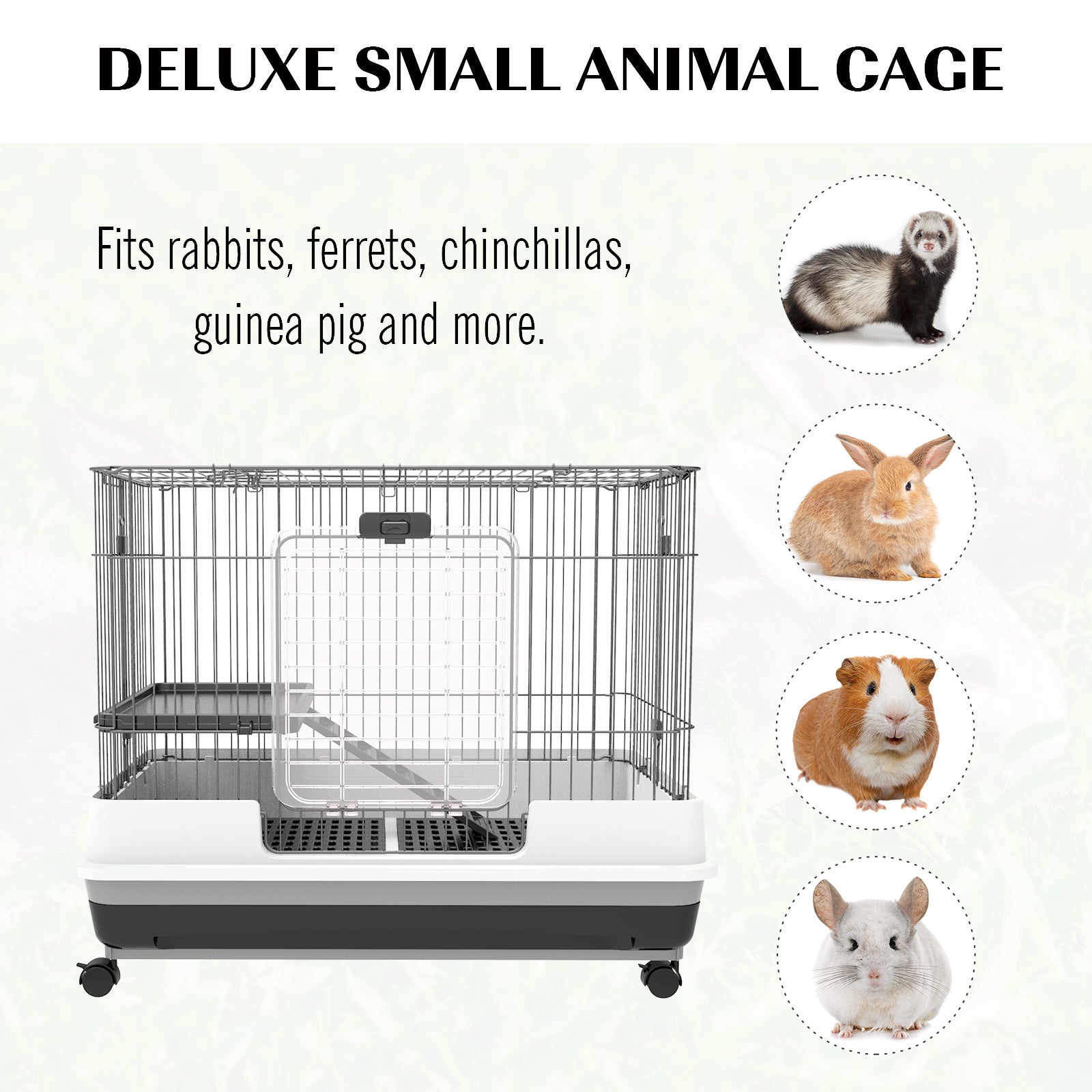 Pawhut 2 Level Small Animal Cage Rabbit Hutch With Wheels, Removable Tray, Platform And Ramp For Bunny, Chinchillas, Ferret, Black Black Steel