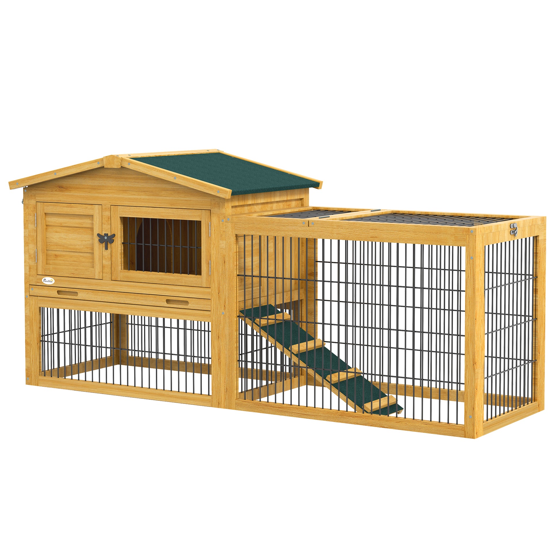 Pawhut 2 Levels Outdoor Rabbit Hutch With Openable Top, 59" Wooden Large Rabbit Cage With Run Weatherproof Roof, Removable Tray, Ramp, Yellow Yellow Wood