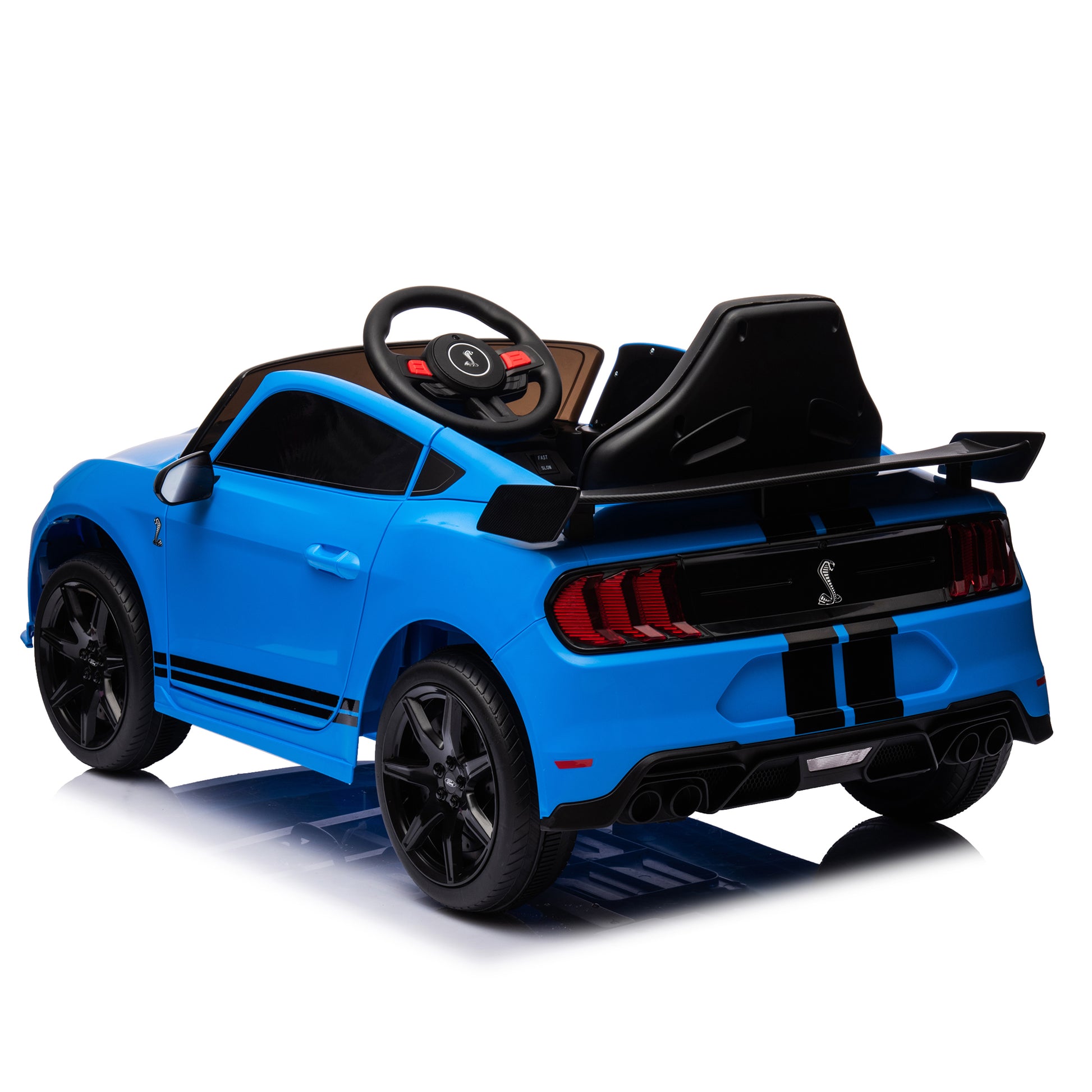 12V Ford Mustang Shelby Gt500 Ride On Car With Remote Control 3 Speeds, Electric Vehicle Toy For Kid,Led Lights, Radio, Aux Usb Mp3 Music,Safe Belt,Age3 Blue Plastic