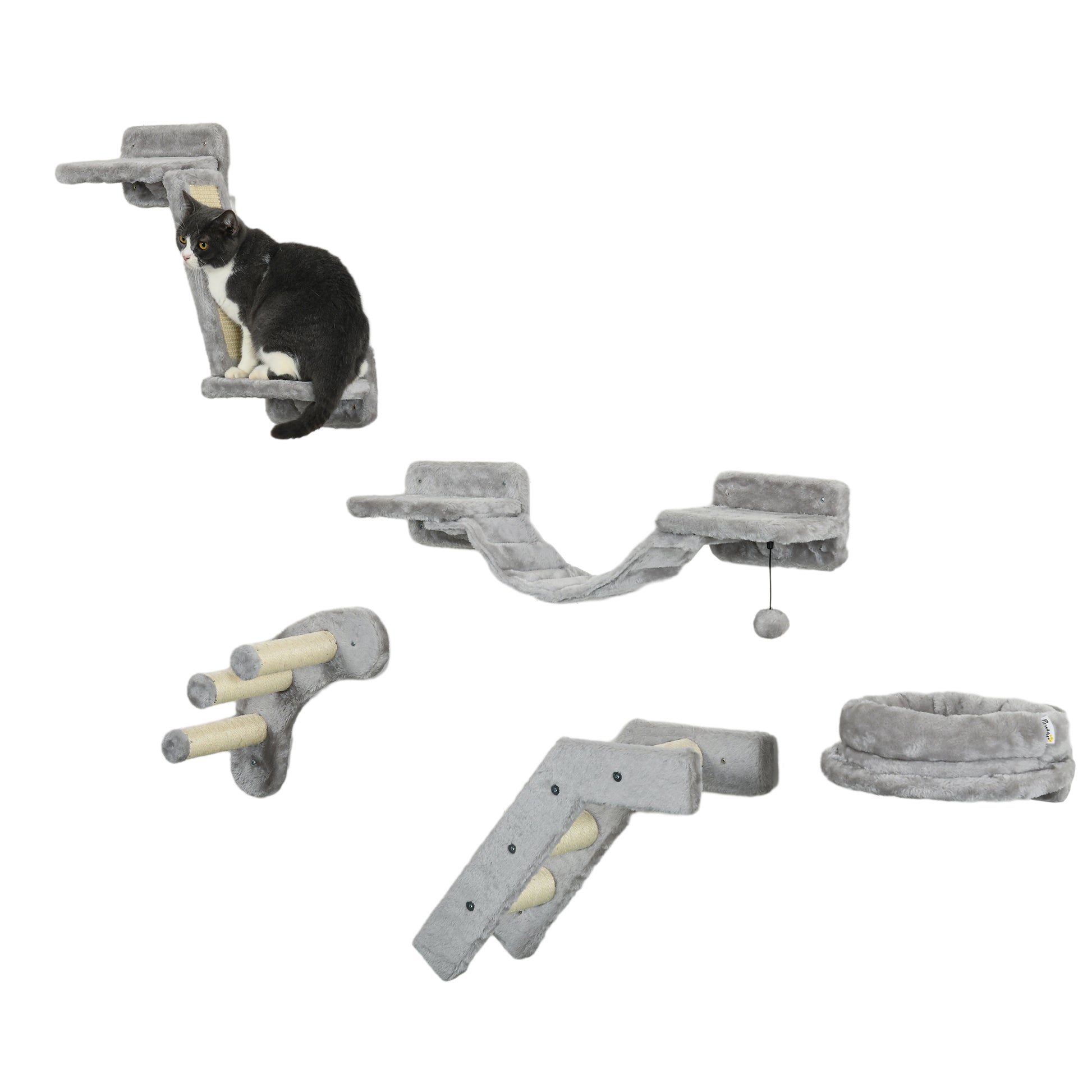 Pawhut 5Pcs Cat Wall Shelves, Cat Wall Furniture With Steps, Perches, Ladders, Platforms, Wall Mounted Cat Furniture With Soft Plush, Sisal, For Indoor Cats, Gray Gray Particle Board