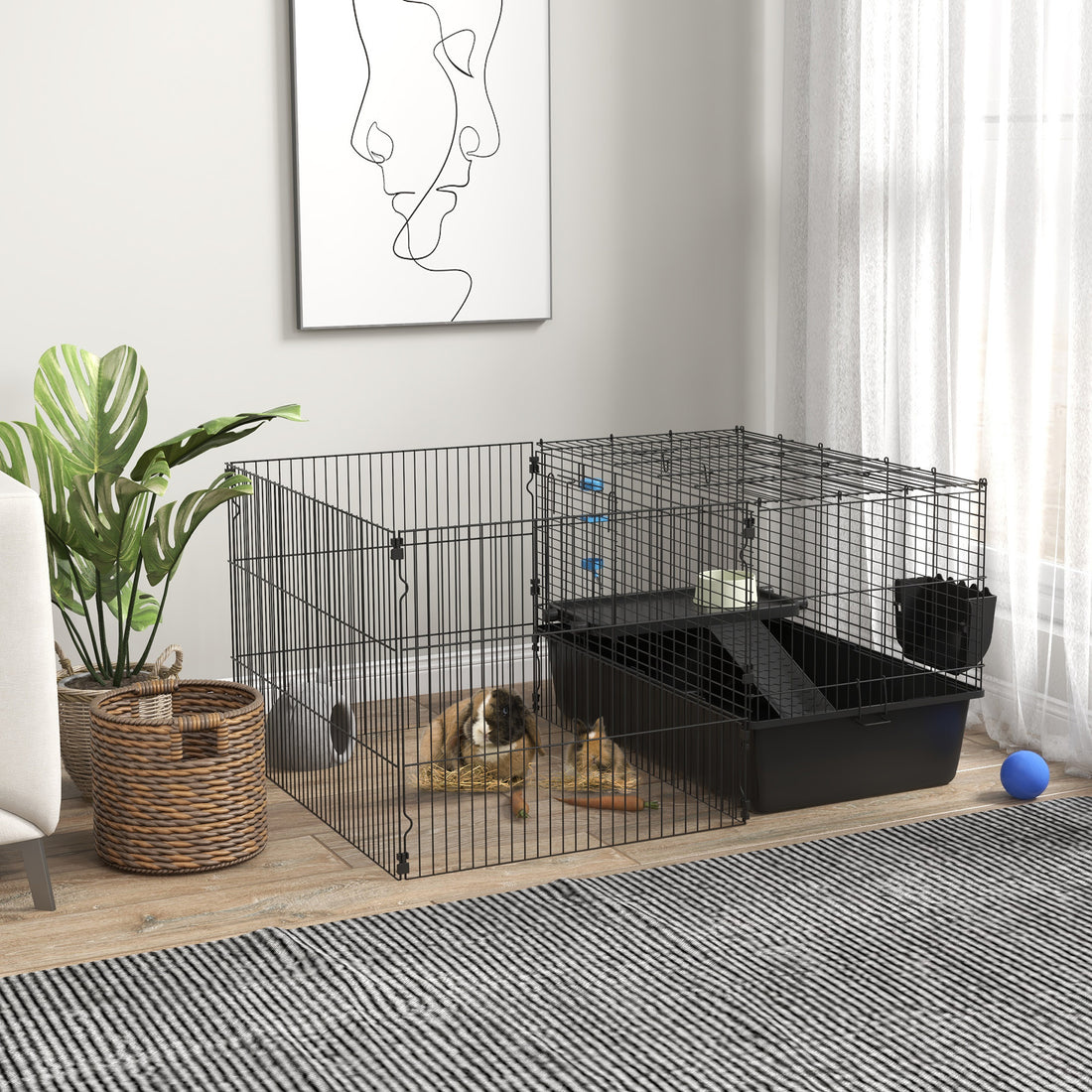 Pawhut Small Animal Cage With Playpen, Pet Habitat Indoor For Guinea Pigs Hedgehogs Bunnies With Accessories, Water Bottle, Food Dish, Feeding Trough, 42" X 33" X 21" Black Steel