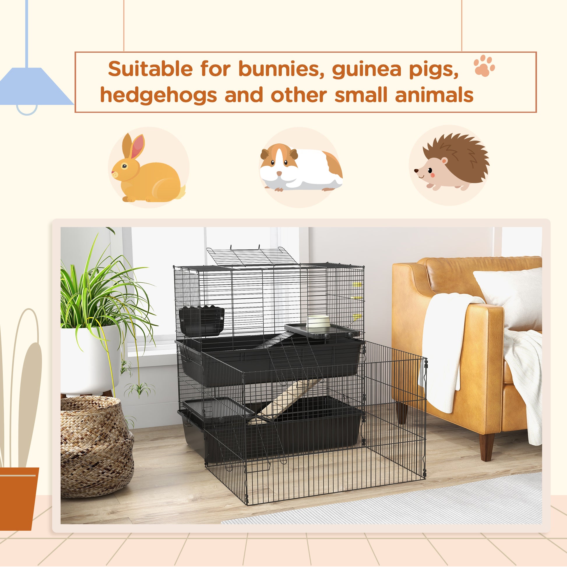 Pawhut Small Animal Cage With Playpen, Multi Level Pet Habitat Indoor For Guinea Pigs Hedgehogs Bunnies With Accessories, Water Bottle, Food Dish, Feeding Trough, 42" X 33" X 36" Black Steel