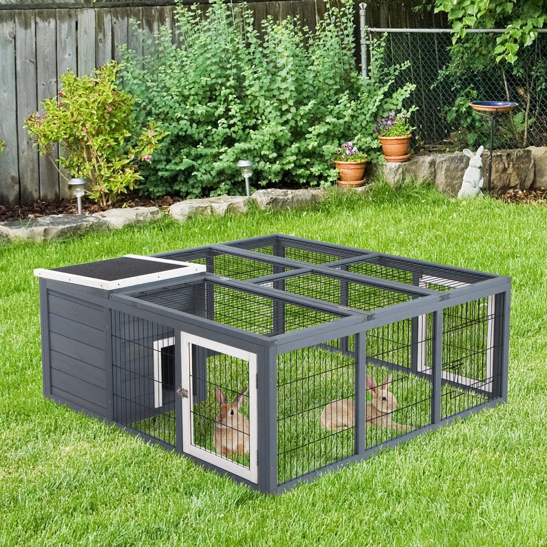 Pawhut Rabbit Hutch Bunny Cage With Openable Main House, Indoor Outdoor Waterproof Rabbit House, Guinea Pig Cage For Small Animals With Three Ventilation Doors, Gray Gray Wood