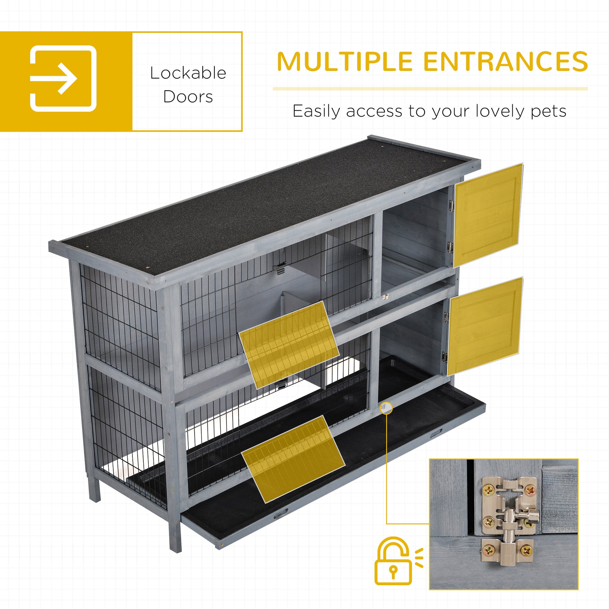 Pawhut 54" 2 Story Large Rabbit Hutch Bunny Cage Wooden Pet House Small Animal Habitat With Lockable Doors, No Leak Tray And Waterproof Roof For Outdoor Indoor Grey Gray Wood