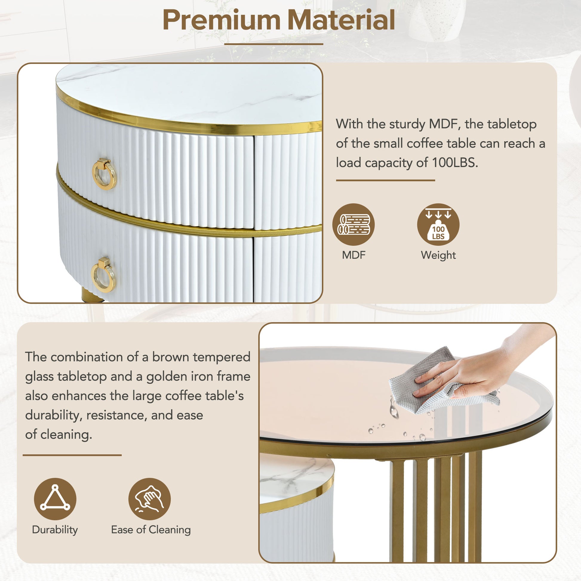 27.5'' & 19.6'' Stackable Coffee Table With 2 Drawers, Nesting Tables With Brown Tempered Glass And High Gloss Marble Tabletop, Set Of 2, Round Center Table For Living Room, White Golden White Primary Living Space Drawers Round Mdf Iron