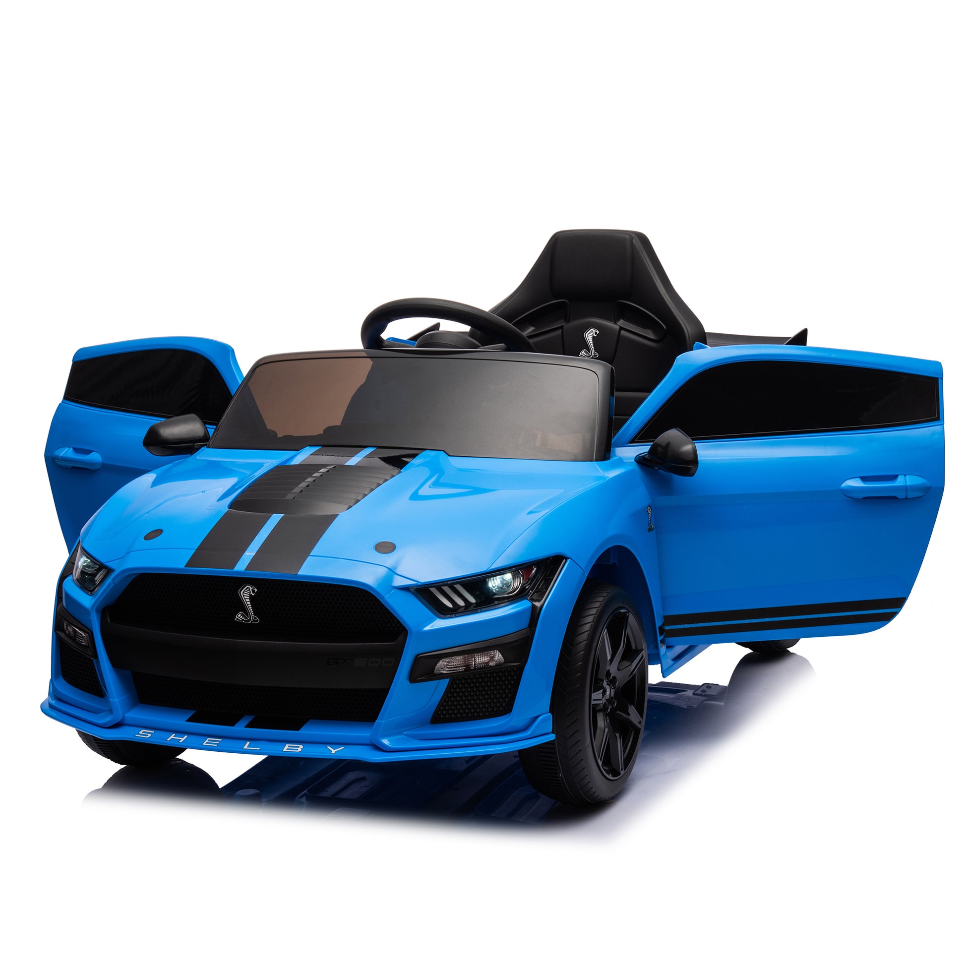 12V Ford Mustang Shelby Gt500 Ride On Car With Remote Control 3 Speeds, Electric Vehicle Toy For Kid,Led Lights, Radio, Aux Usb Mp3 Music,Safe Belt,Age3 Blue Plastic