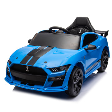 12V Ford Mustang Shelby Gt500 Ride On Car With Remote Control 3 Speeds, Electric Vehicle Toy For Kid,Led Lights, Radio, Aux Usb Mp3 Music,Safe Belt,Age3 Blue Plastic