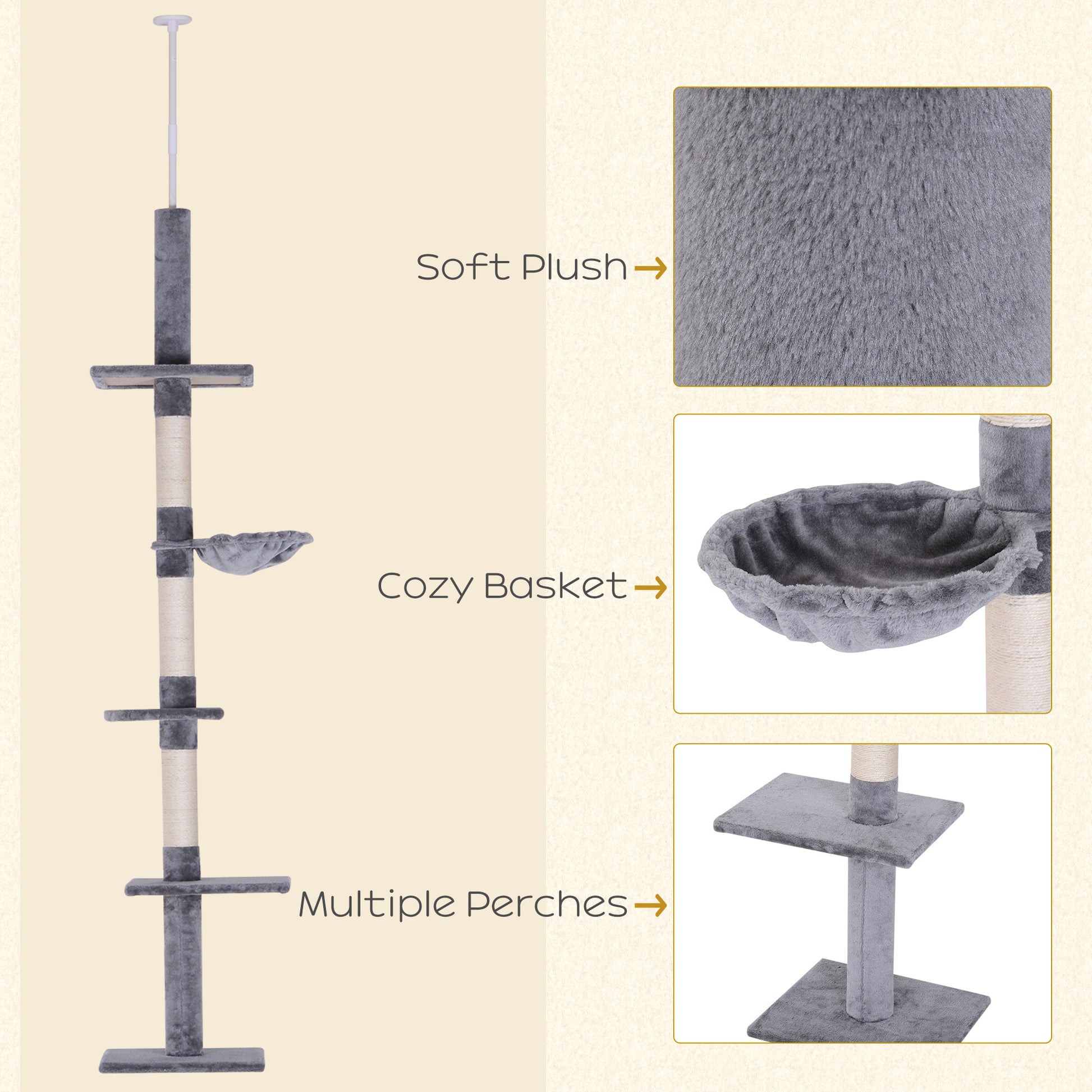 Pawhut 9' Adjustable Height Floor To Ceiling Vertical Cat Tree Grey And White Gray Particle Board