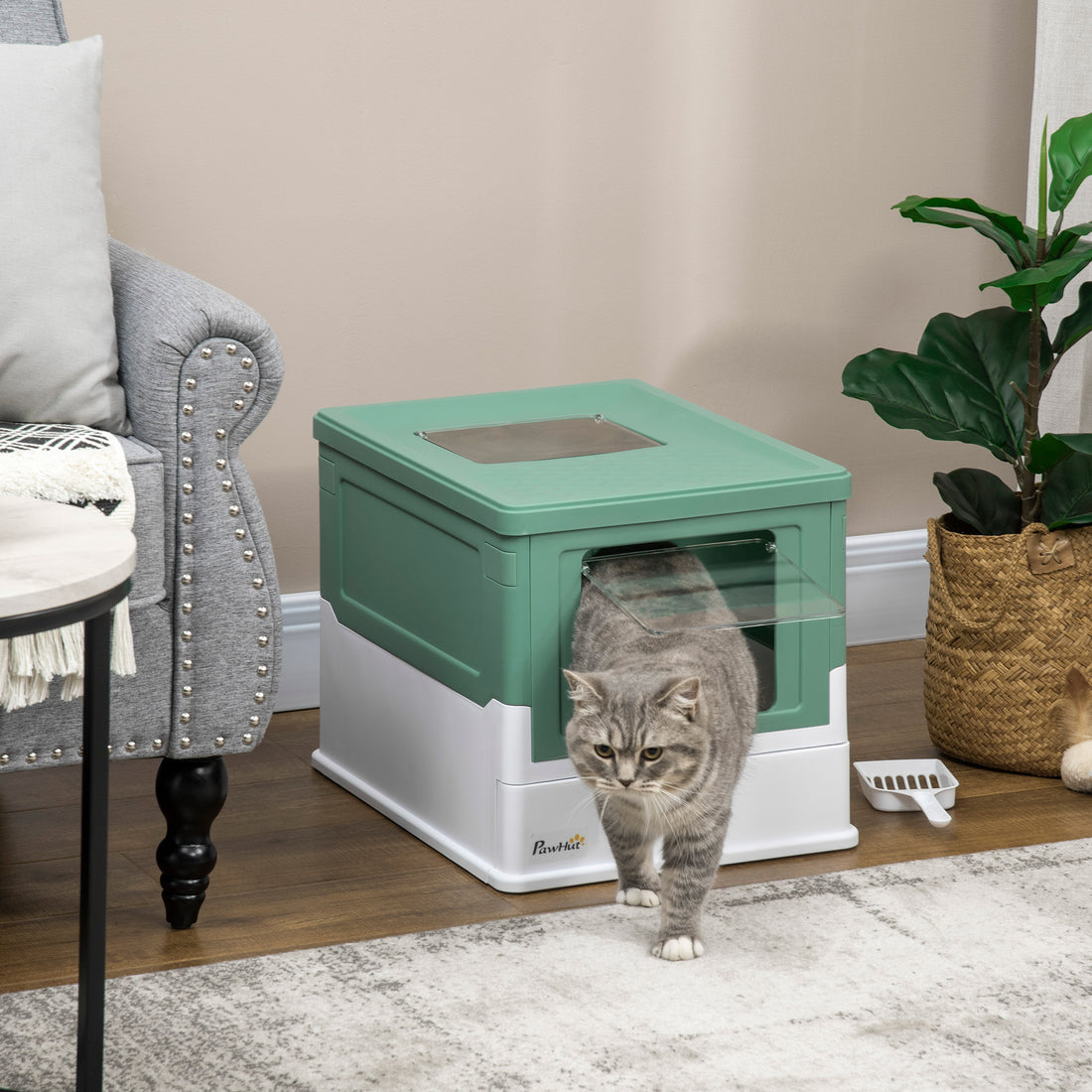 Pawhut Fully Enclosed Cat Litter Box With Scoop, Hooded Cat Litter House With Drawer Type Tray, Foldable Smell Proof Cat Potty With Front Entry, Top Exit, Portable Pet Toilet With Large Space, Green Green Polypropylene