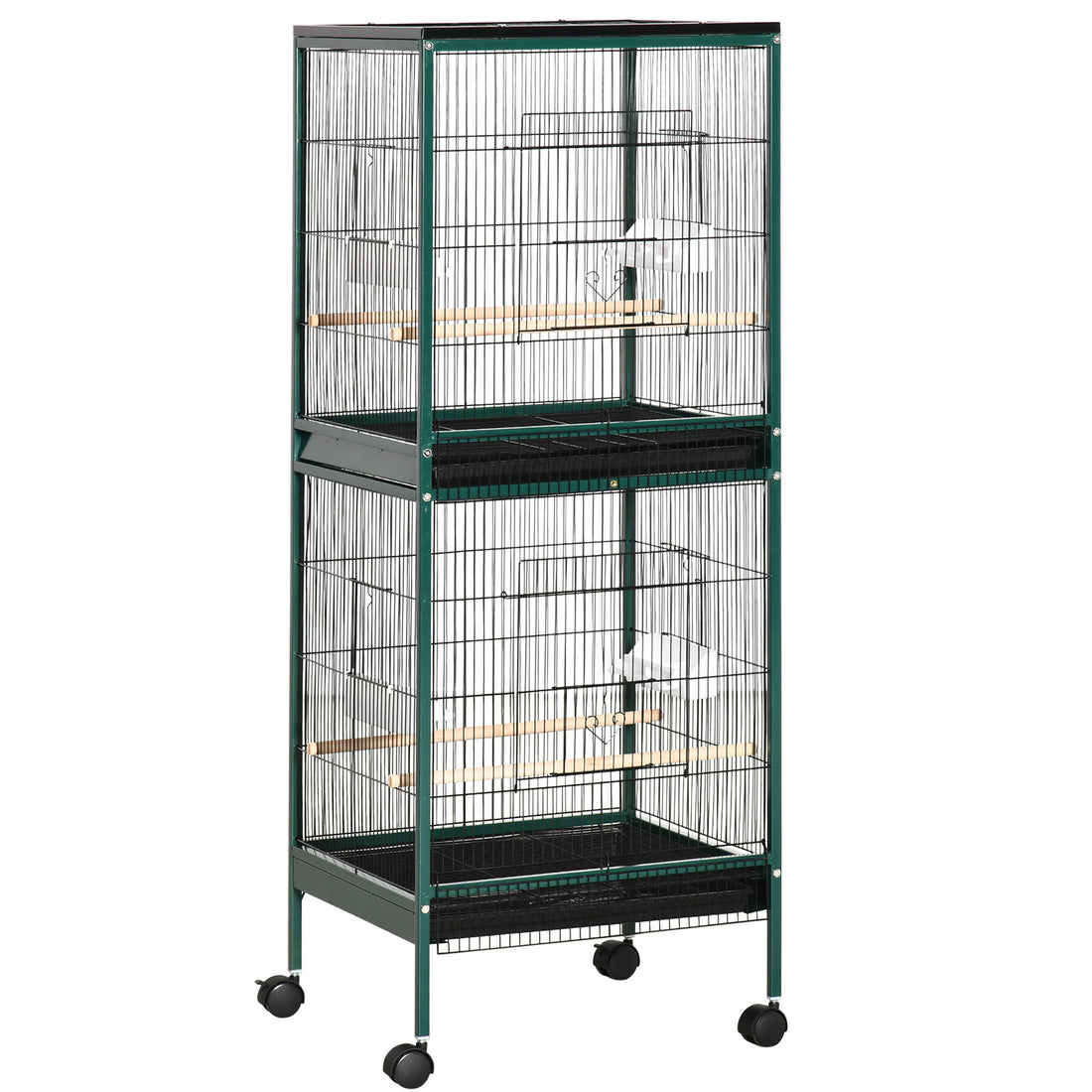 Pawhut 55 Inch Large Flight Bird Cage, Bird Aviary Indoor With Multi Door Design, Parrot Cage With Stand & Tray For Budgies, Canaries, Finches, Green Green Wood