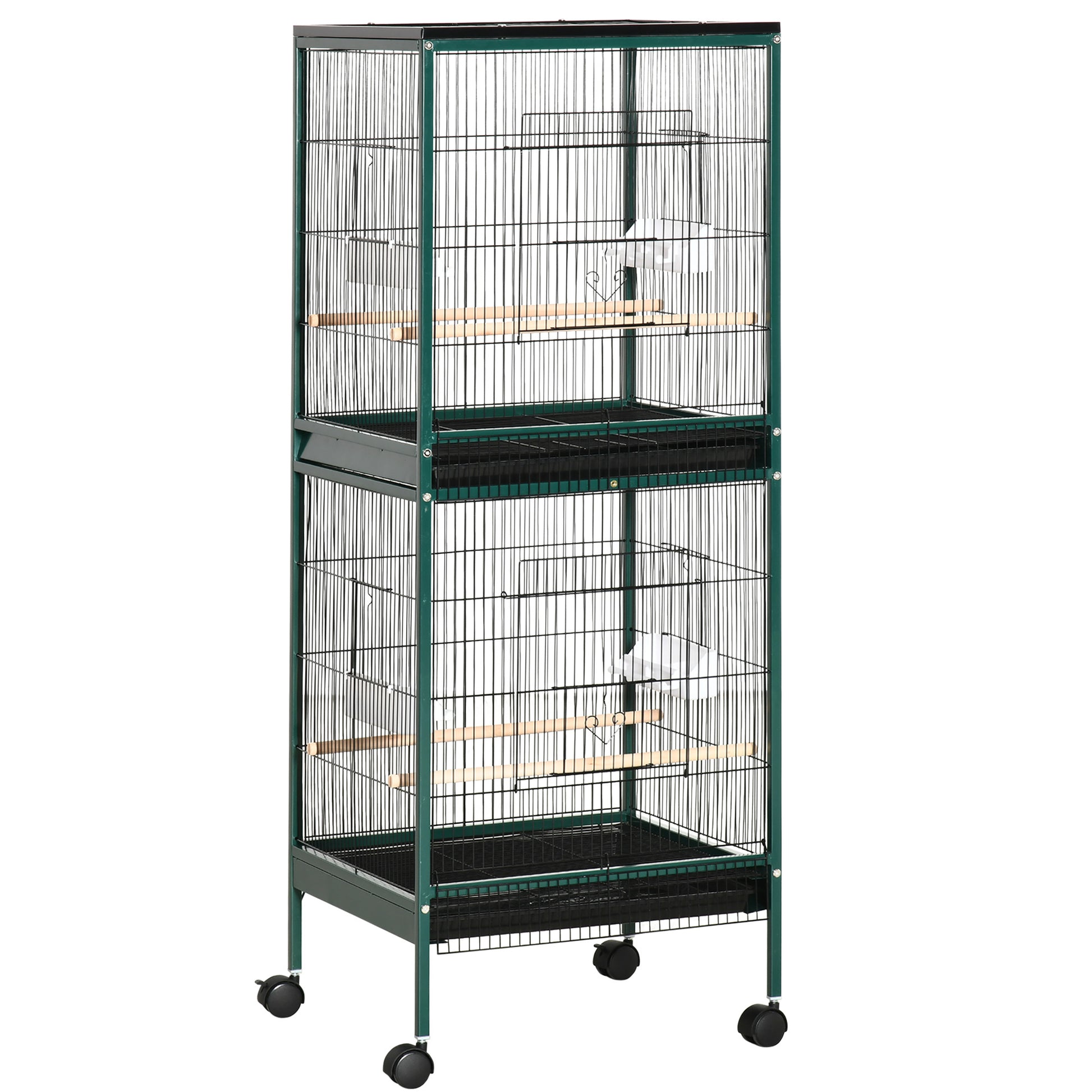 Pawhut 55 Inch Large Flight Bird Cage, Bird Aviary Indoor With Multi Door Design, Parrot Cage With Stand & Tray For Budgies, Canaries, Finches, Green Green Wood