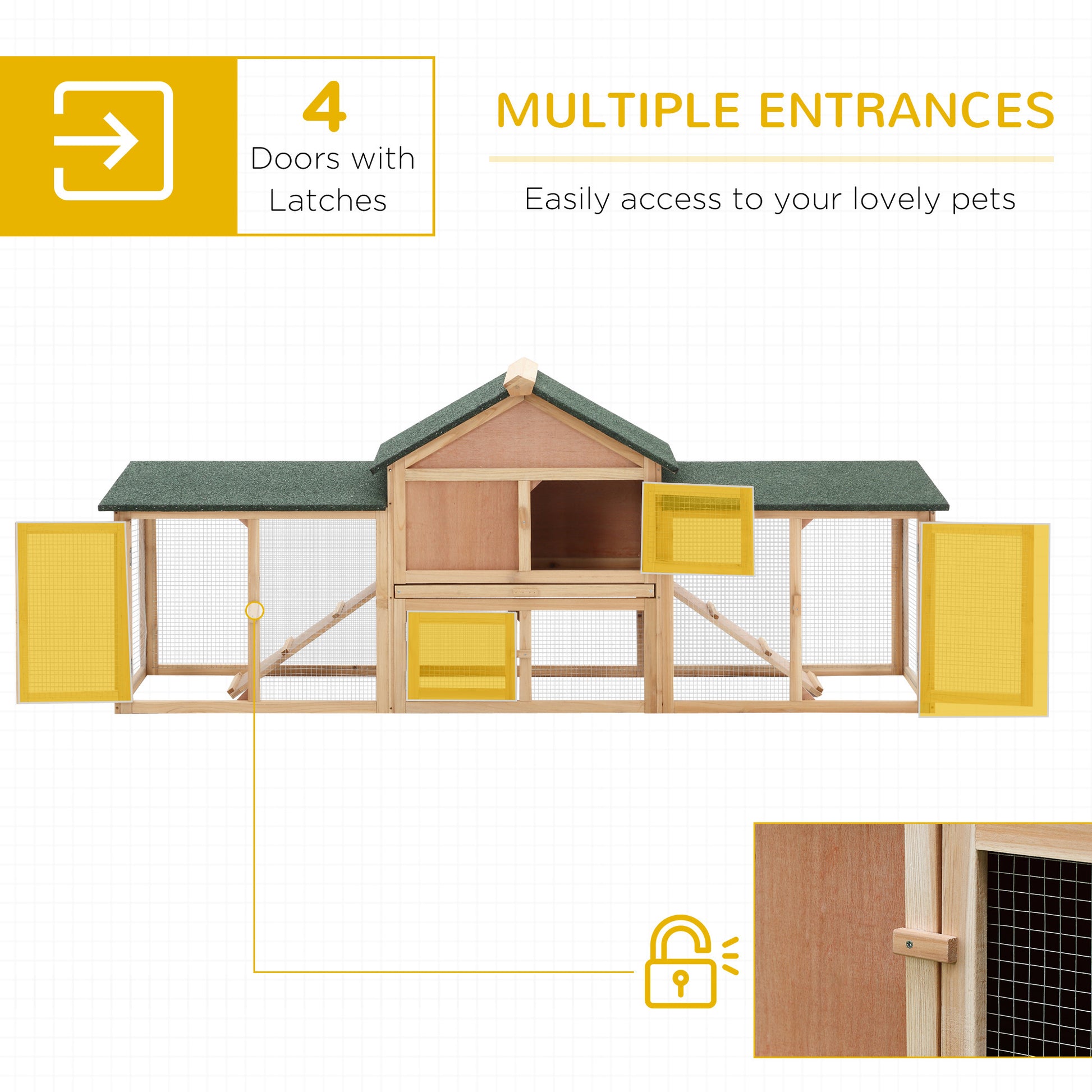 Pawhut 83"L Outdoor Rabbit Hutch, Guinea Pig Cage Indoor Outdoor Wooden Bunny Hutch With Double Runs, Weatherproof Roof, Removable Tray, Ramps, Natural Yellow Wood