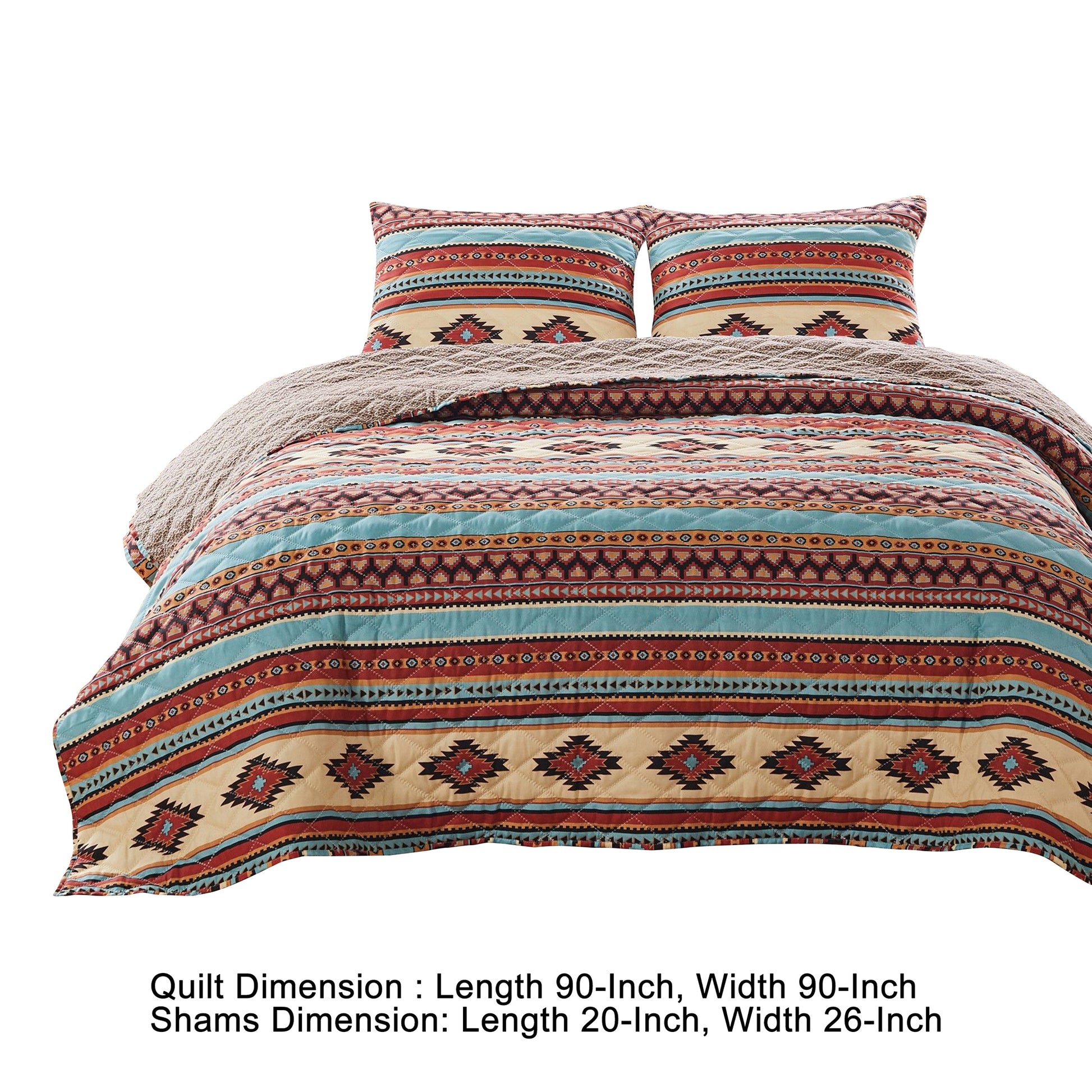 Linda 3 Piece Full Quilt Set, Tribal Pattern, Diamond Design, Multicolor Multicolor Microfiber