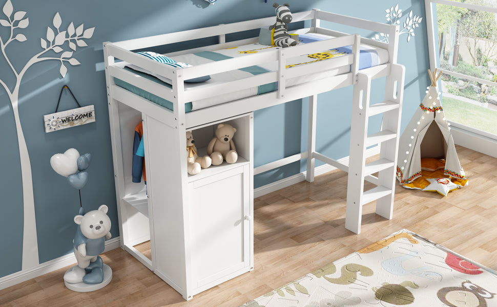 Twin Loft Bed With Wardrobe, Storage Shelves And Ladder, White Twin White Solid Wood Mdf