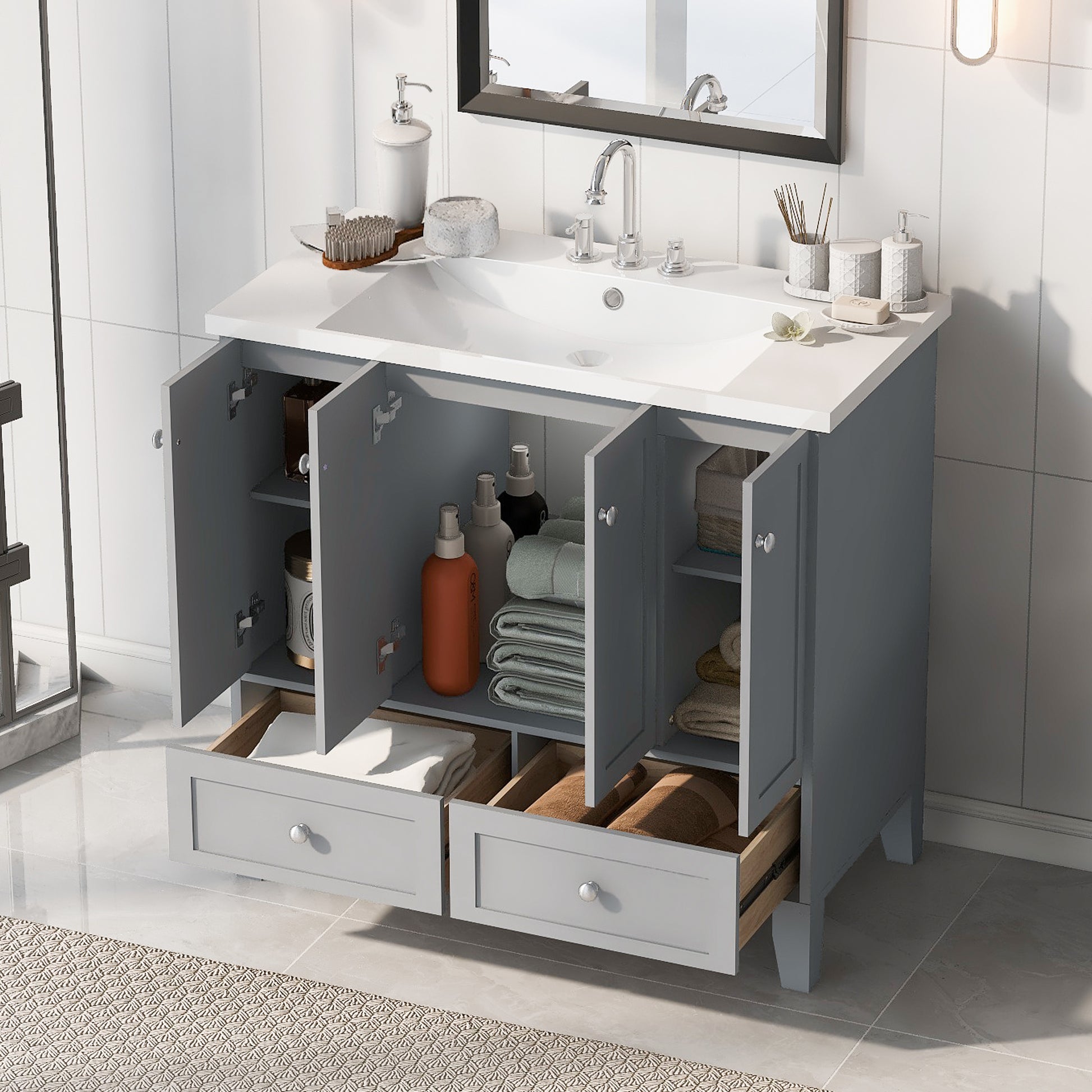 36'' Bathroom Vanity With Resin Sink Combo,Solid Wood Frame Bathroom Storage Cabinet, Freestanding Vanity Set With 4 Soft Closing Doors& 2 Drawers Same As Sw000124Aae Grey Bathroom Modern Solid Wood