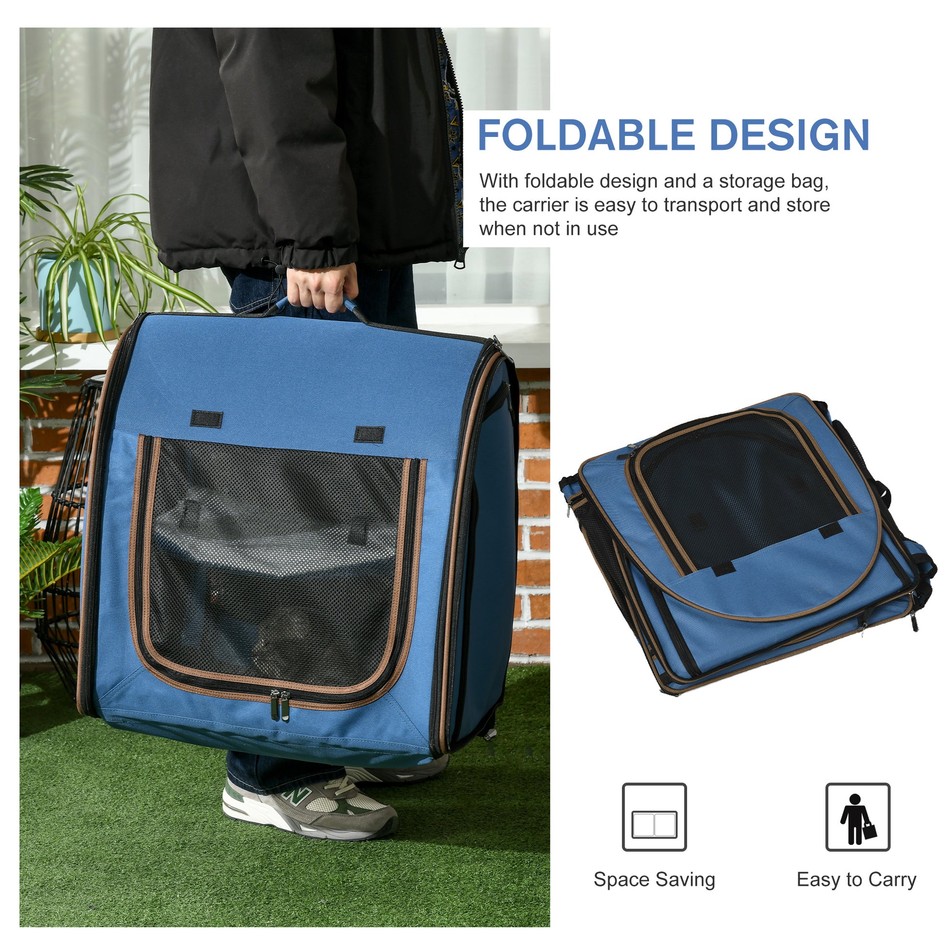 Pawhut 39" Portable Soft Sided Pet Cat Carrier With Divider, Two Compartments, Soft Cushions, & Storage Bag, Blue Blue Metal