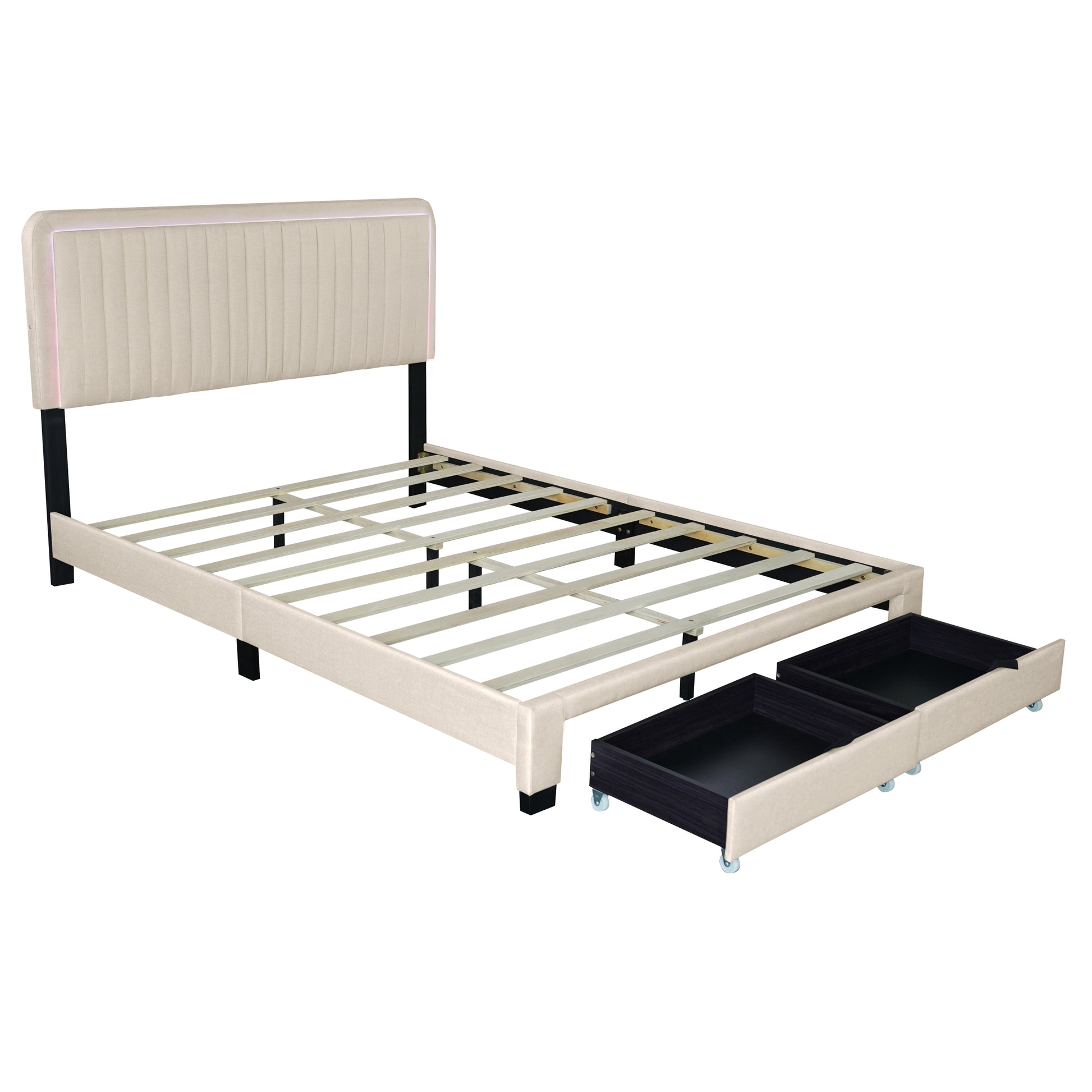 Queen Size Upholstered Bed With Adjustable Height Mattress 10 To 14 Inches Led Design With Footboard Drawers Storage No Box Spring Required Beige Box Spring Not Required Queen Beige Wood Espresso Bedroom American