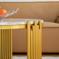 28.35 Inches Round Coffee Table, Small Coffee Table With Storage, Faux Marbling Top & Sturdy Metal Legs, Modern Sofa Table For Living Room, Small Spaces, Home Furniture With Storage Open Shelf. Gold Gold Mdf Metal