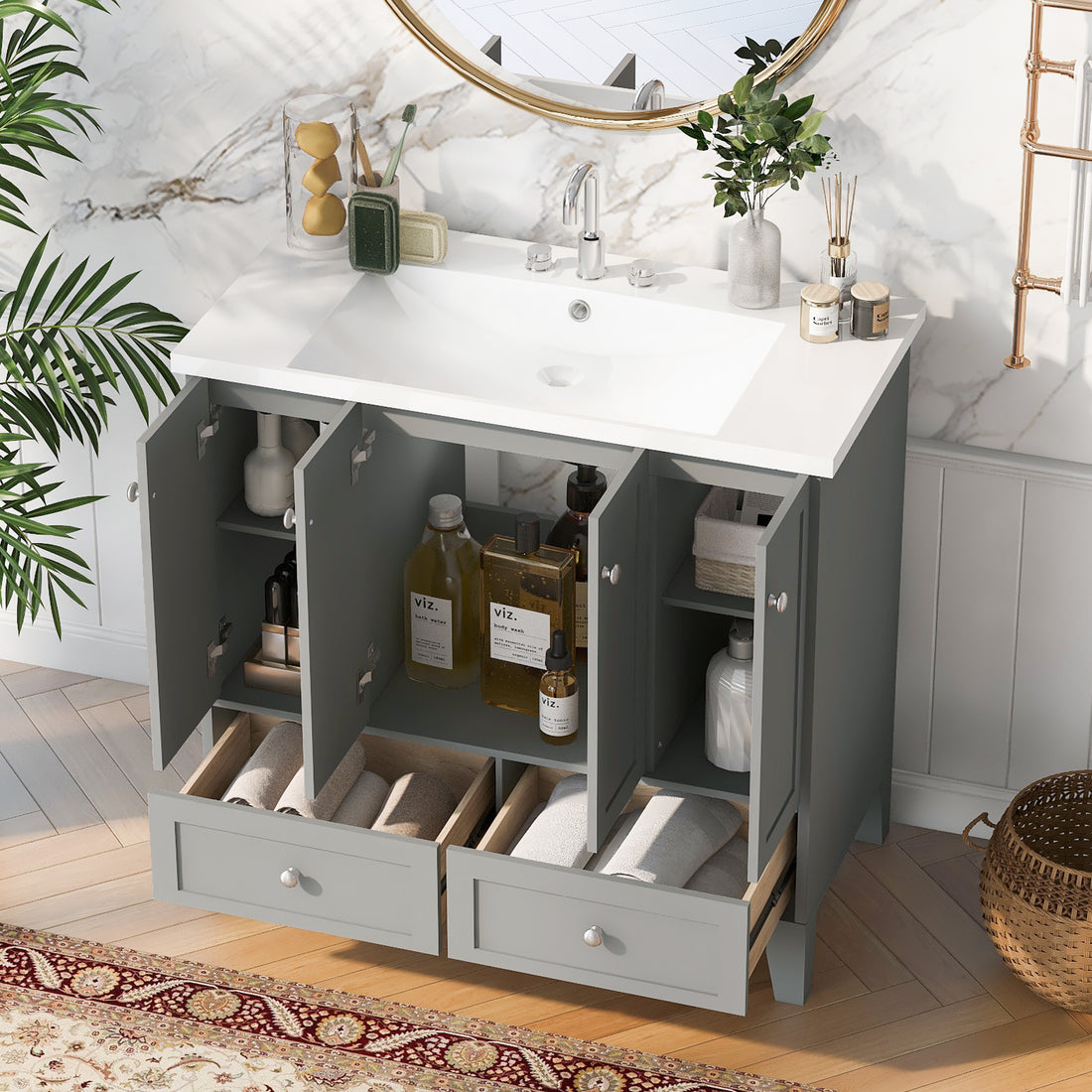 36'' Bathroom Vanity With Resin Sink Combo,Solid Wood Frame Bathroom Storage Cabinet, Freestanding Vanity Set With 4 Soft Closing Doors& 2 Drawers 2 Grey 4 5 Adjustable Shelves Bathroom Freestanding Solid Wood Mdf Resin Painted