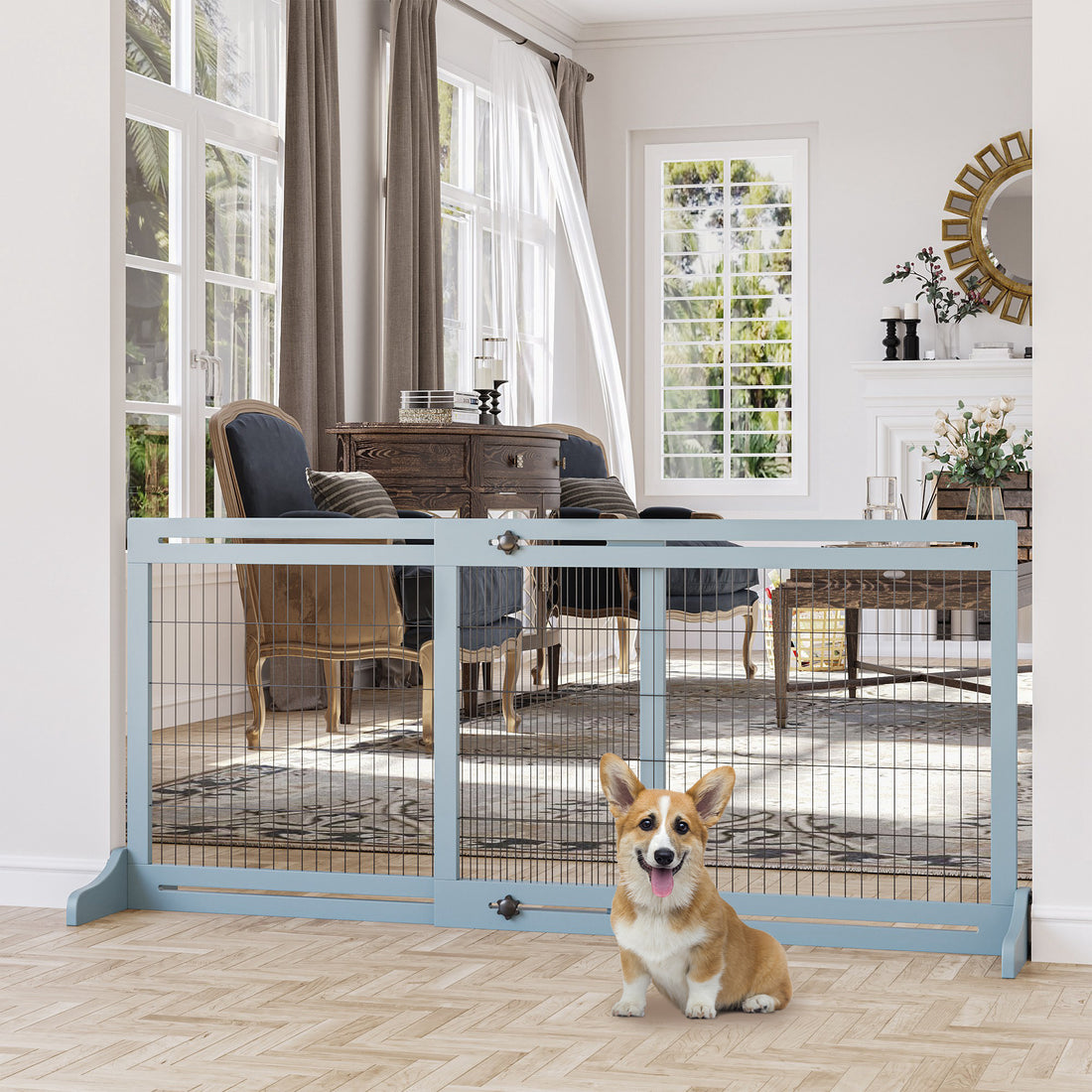 Pawhut 72" W X 27.25" H Extra Wide Freestanding Pet Gate With Adjustable Length Dog, Cat, Barrier For House, Doorway, Hallway, Blue Grey Gray Wood