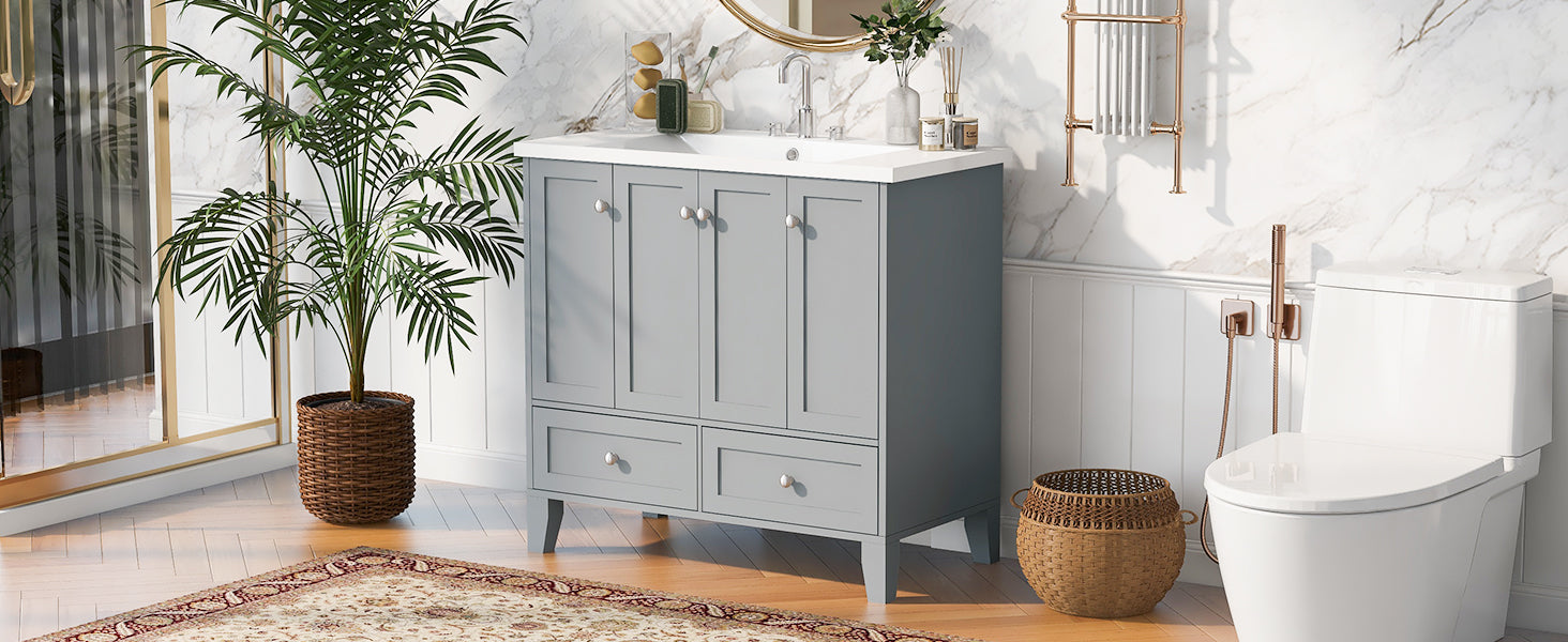 36'' Bathroom Vanity With Resin Sink Combo,Solid Wood Frame Bathroom Storage Cabinet, Freestanding Vanity Set With 4 Soft Closing Doors& 2 Drawers Same As Sw000124Aae Grey Bathroom Modern Solid Wood