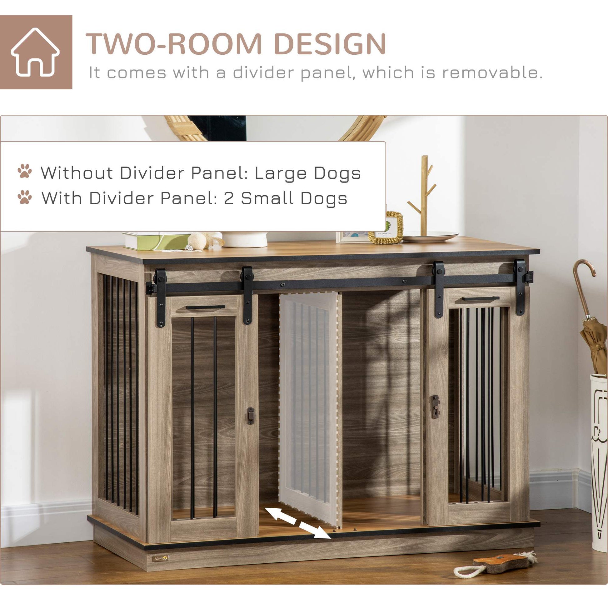 Pawhut Dog Crate Furniture With Divider, Dog Crate End Table For Small To Large Dogs, Large Indoor Dog Kennel With Double Doors, 47"W X 23.5"D X 35"H, Oak Natural Steel