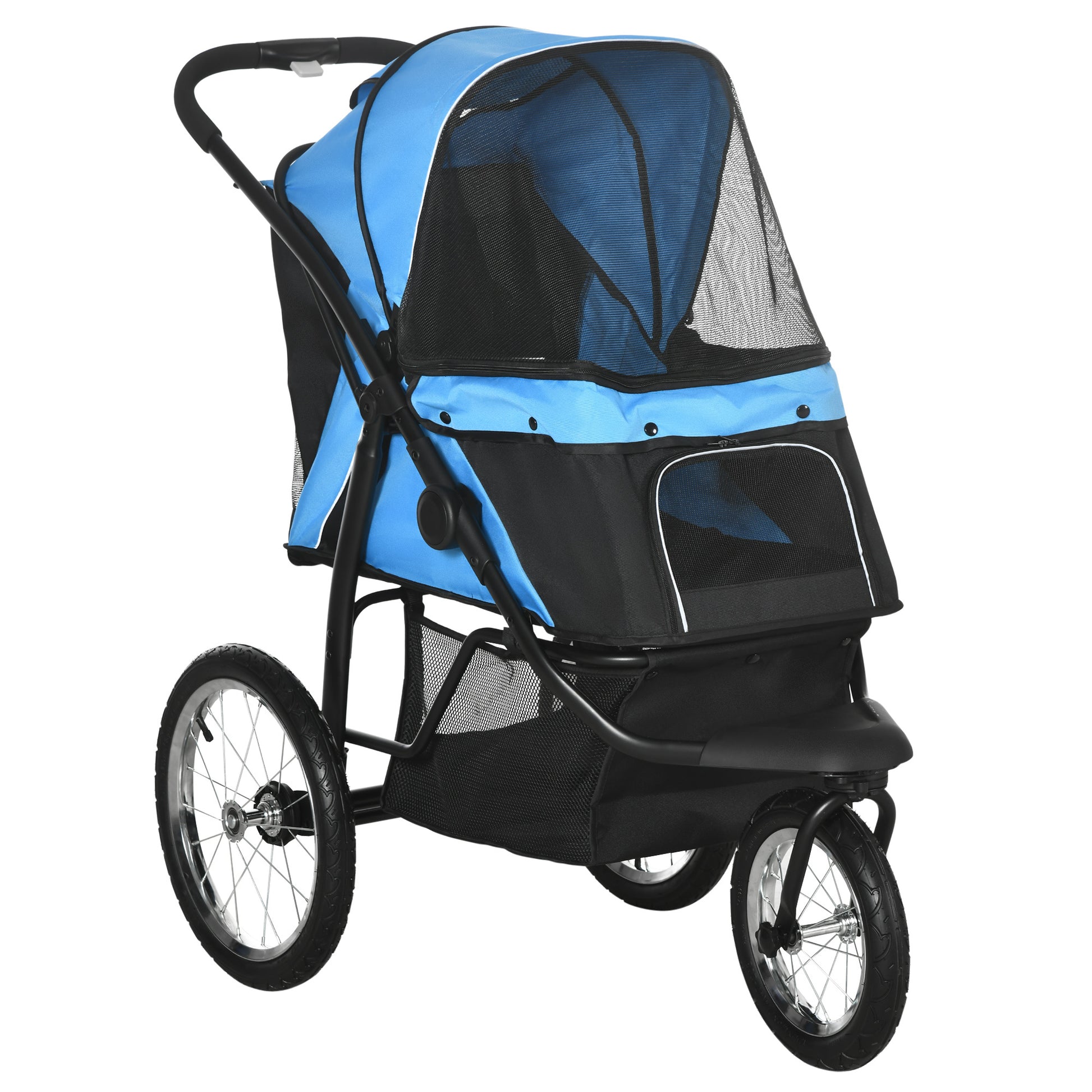 Pawhut Pet Stroller For Small And Medium Dogs, 3 Big Wheels Foldable Cat Stroller With Adjustable Canopy, Safety Tether, Storage Basket, Blue Blue Steel