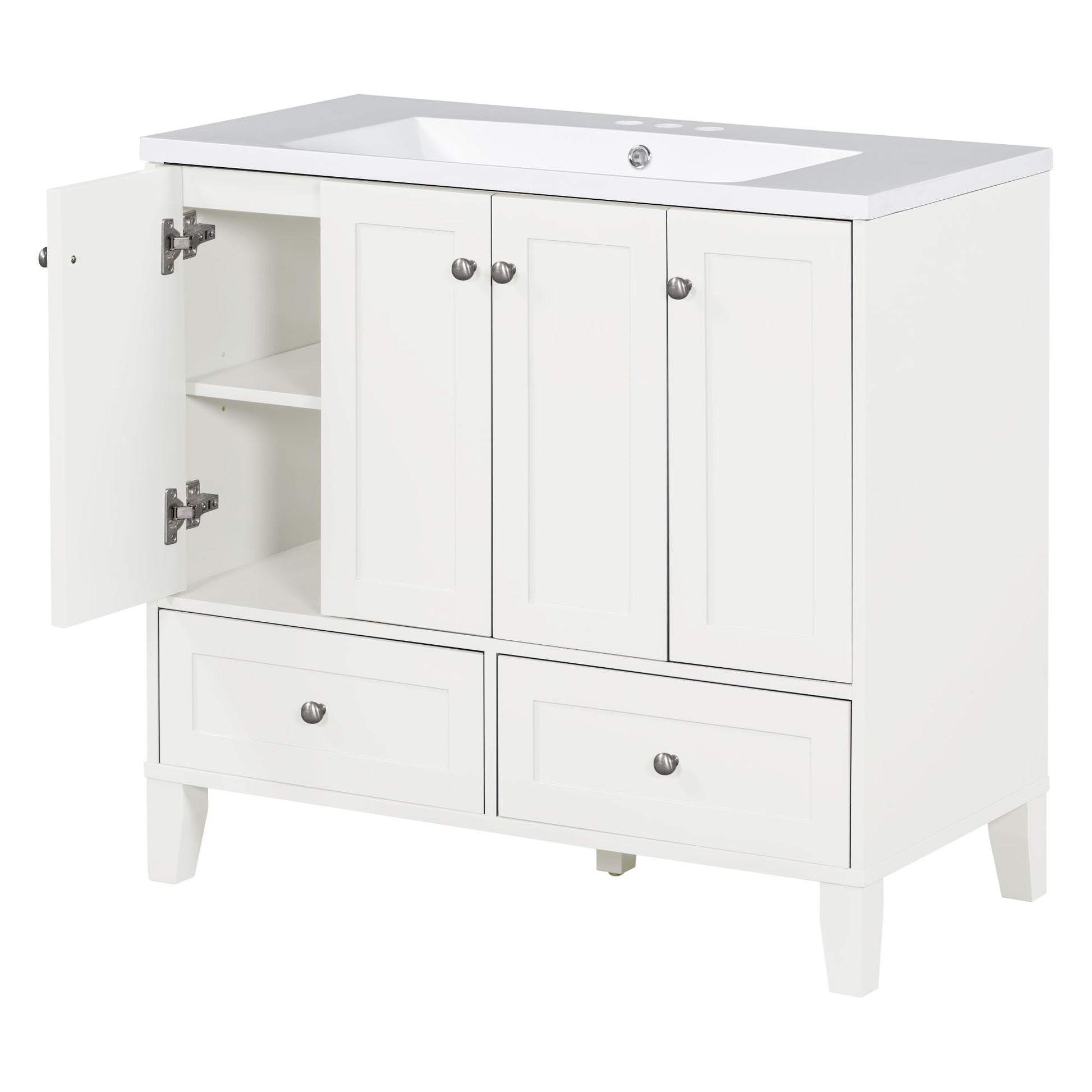 36'' Bathroom Vanity With Resin Sink Combo,Solid Wood Frame Bathroom Storage Cabinet, Freestanding Vanity Set With 4 Soft Closing Doors& 2 Drawers 2 White 4 5 Adjustable Shelves Bathroom Freestanding Solid Wood Mdf Resin Painted