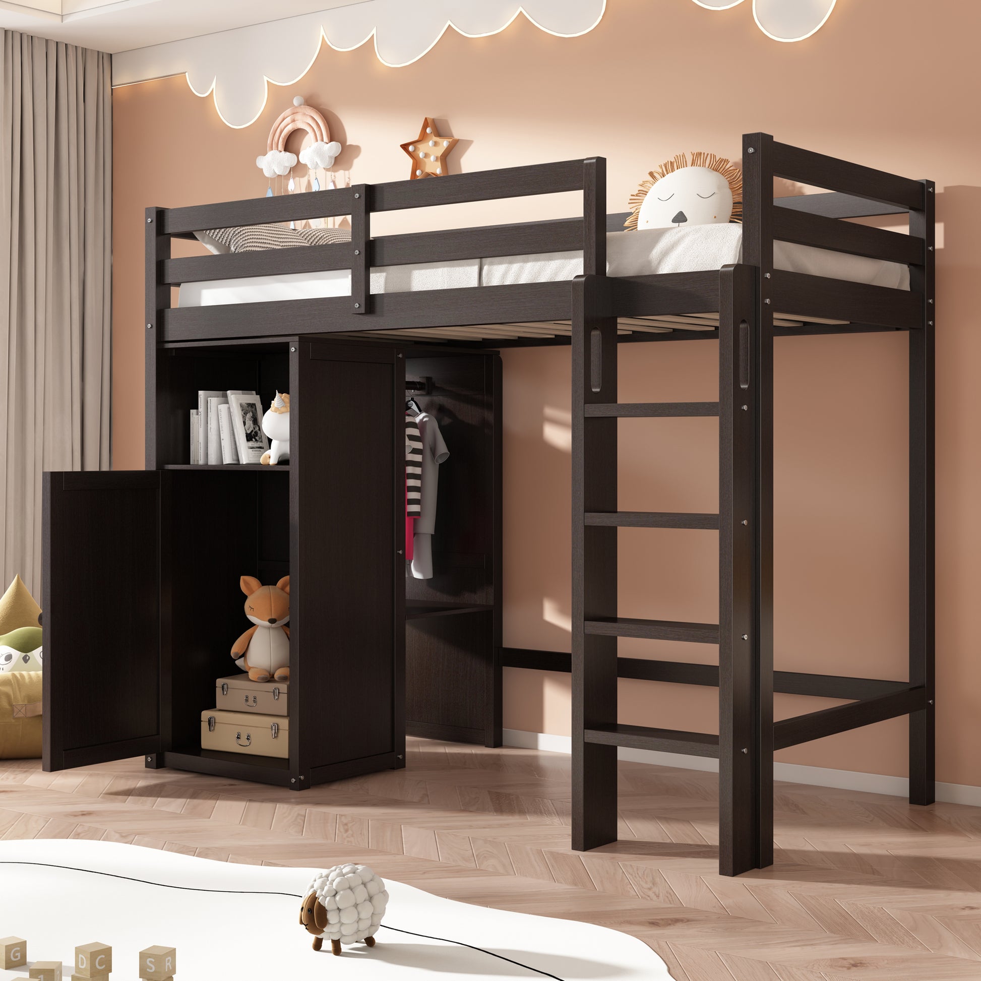 Twin Loft Bed With Wardrobe, Storage Shelves And Ladder, Espresso Twin Espresso Solid Wood Mdf