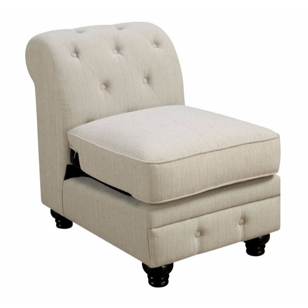 20 Inch Armless Sofa Chair, Linen Like Fabric, Button Tufted, Beige Beige Wood Fabric
