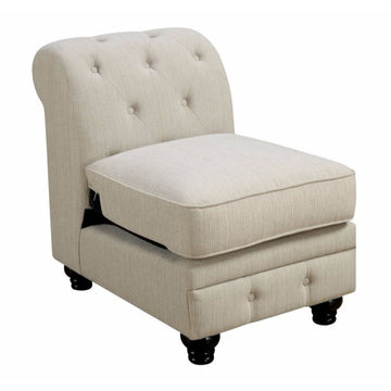 20 Inch Armless Sofa Chair, Linen Like Fabric, Button Tufted, Beige Beige Wood Fabric
