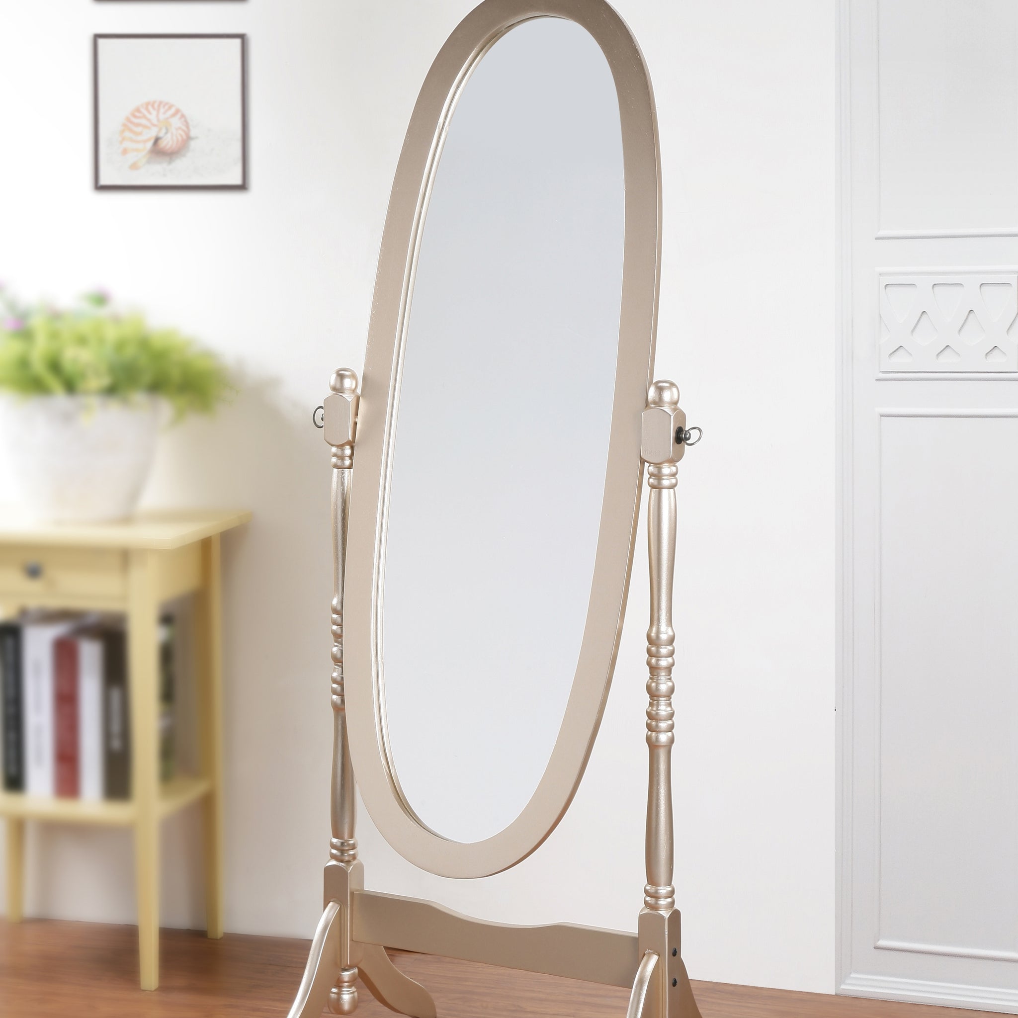 Traditional Queen Anna Style Wood Floor Cheval Mirror, Gold Finish Gold Wood