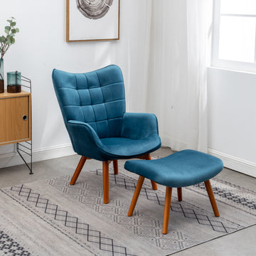 Leiria Contemporary Silky Velvet Tufted Accent Chair With Ottoman, Blue Blue Polyester
