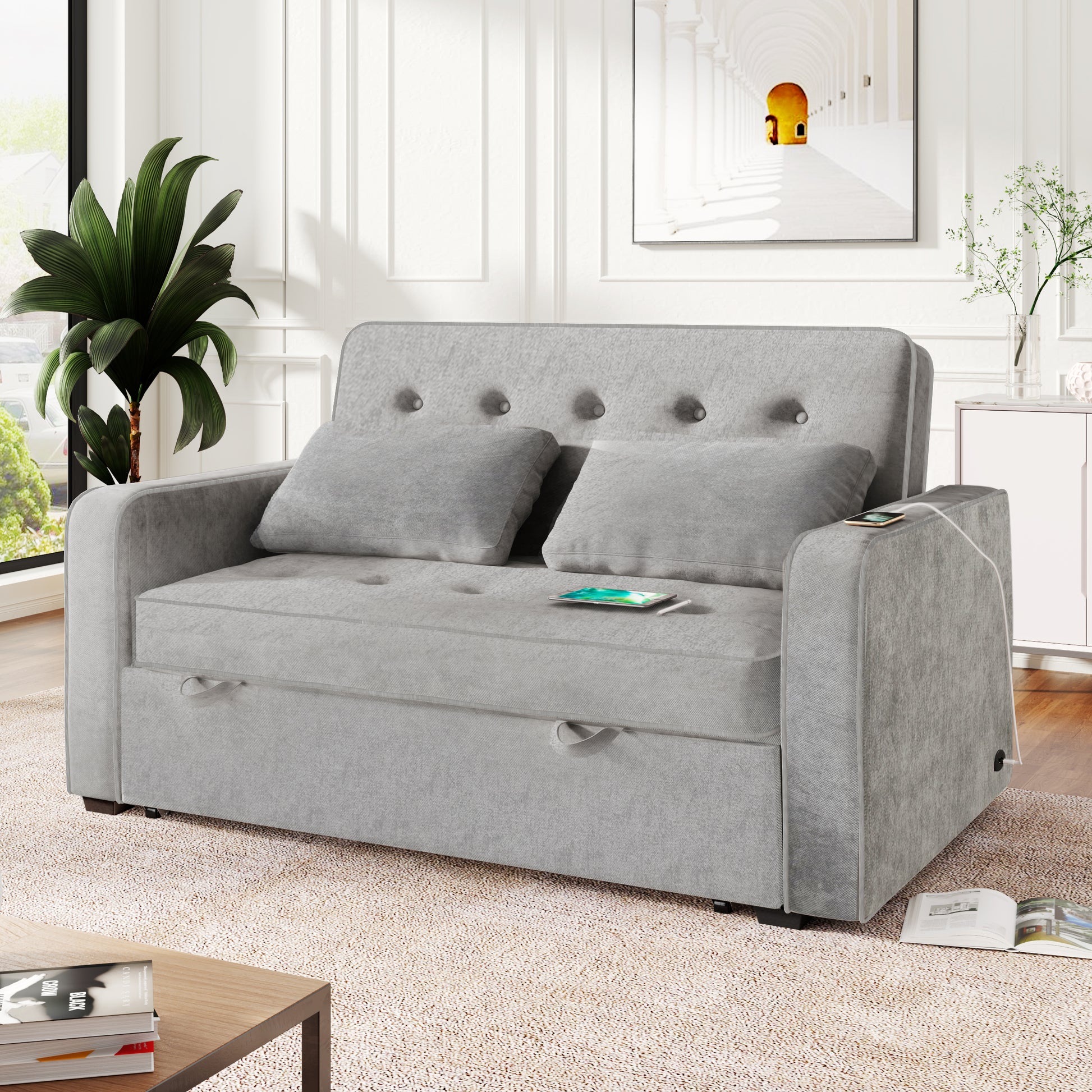 66.5" Linen Upholstered Sleeper Bedpull Out Sofa Bed Couch Attached Two Throw Pillows,Dual Usb Charging Port And Adjustable Backrest For Living Room Space, Gray Gray Foam Linen 2 Seat