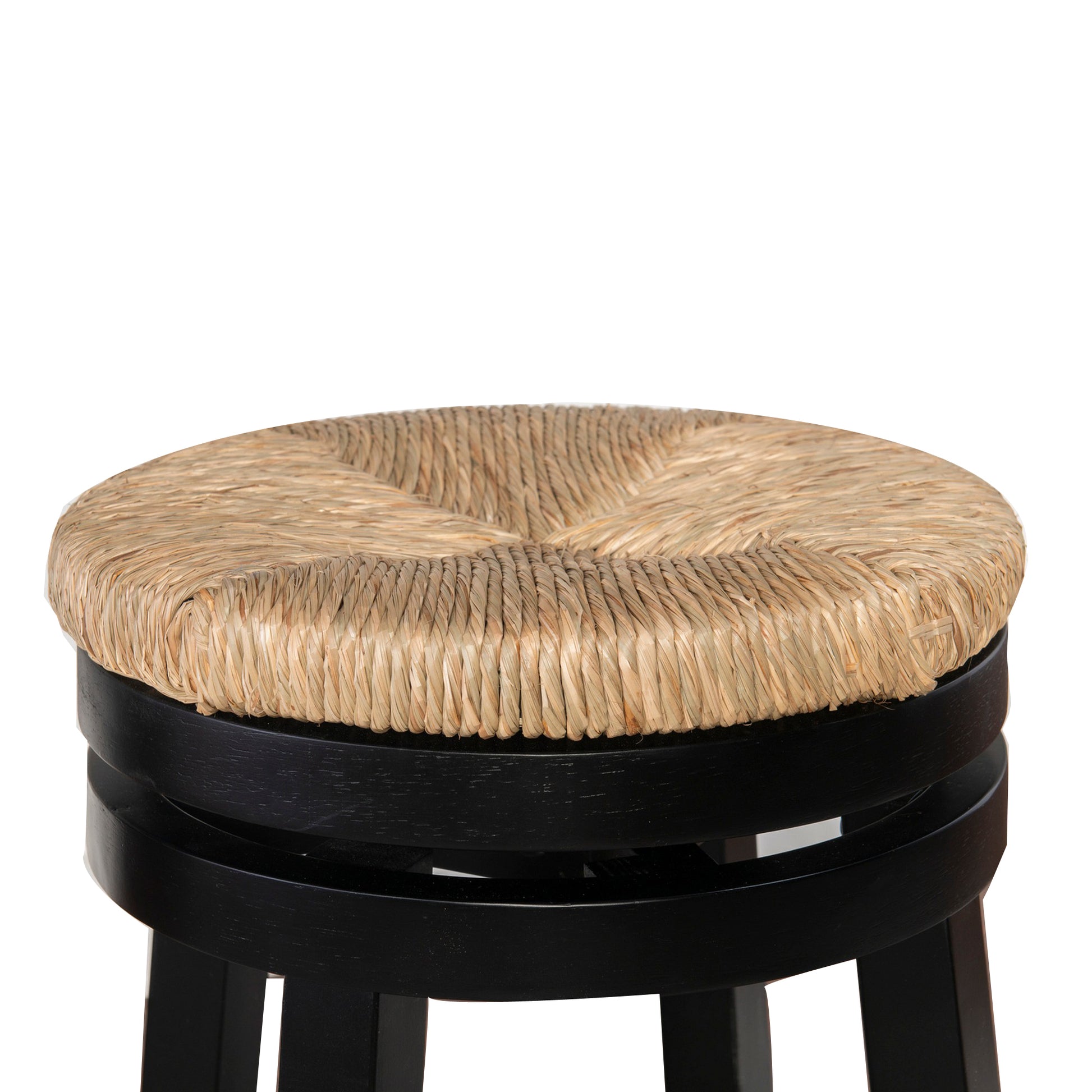 Wooden Counter Stool With Round Rattan Padded Seat, Black And Brown Black White Wood Fabric