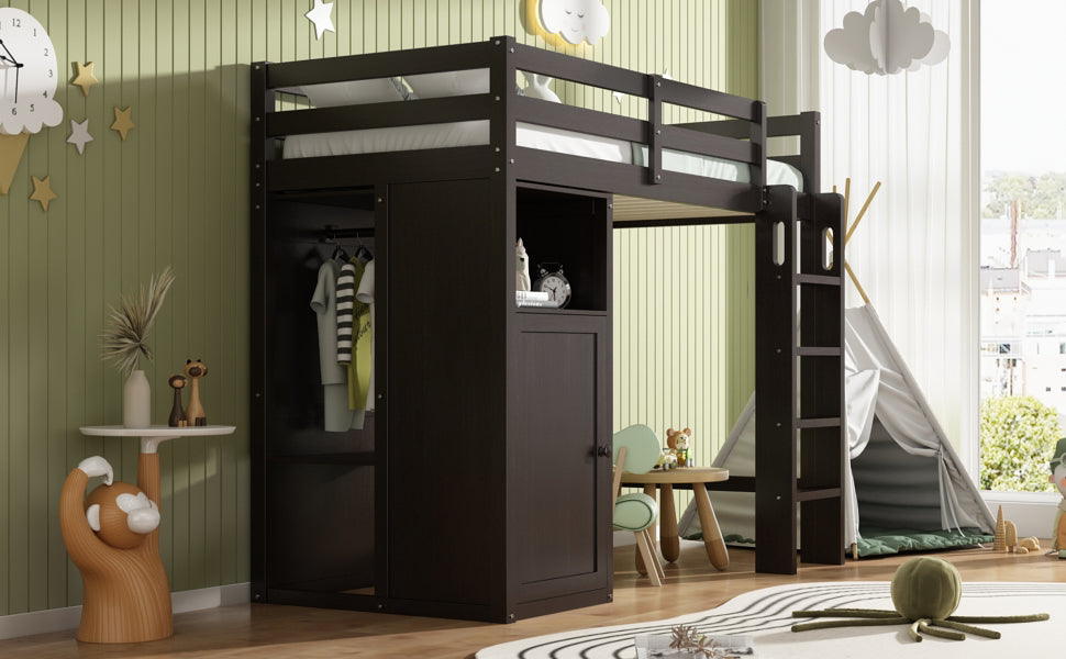 Twin Loft Bed With Wardrobe, Storage Shelves And Ladder, Espresso Twin Espresso Solid Wood Mdf